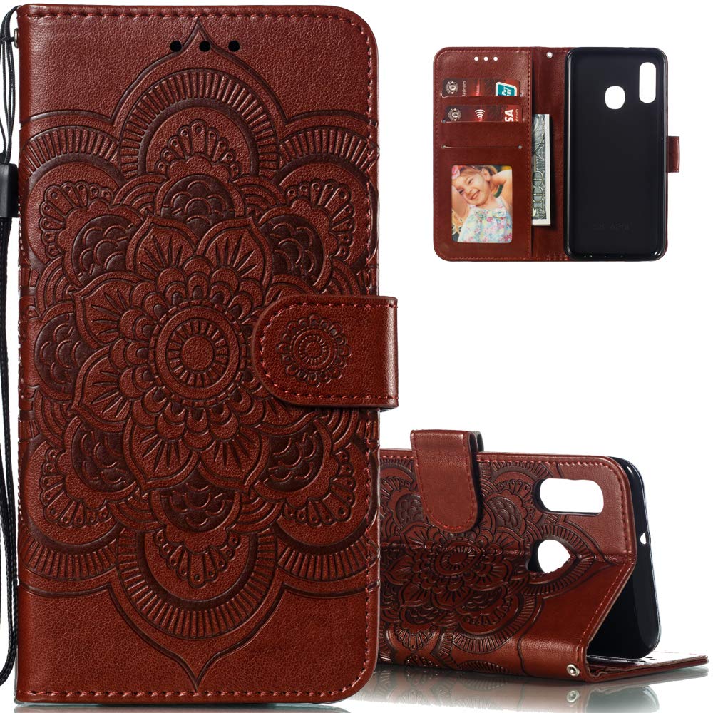 LEECOCO for Galaxy A10E Case Mandala Embossing Luxury PU Leather Flip Notebook Wallet Bookstyle Magnetic Stand Card Slot Folio Bumper Protection Cover for Samsung Galaxy A10E / A20E Mandala Brown LD