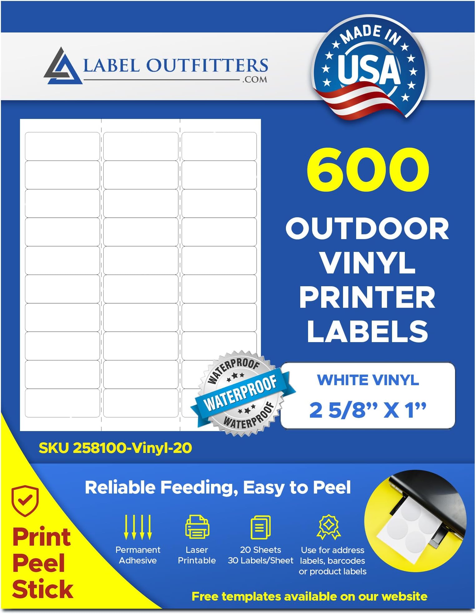 600 Label Outfitters Printable White Outdoor Use Vinyl Laser Labels, 2-5/8 x 1 inches, Laser Only, Waterproof and Weatherproof, 20 Sheet Package