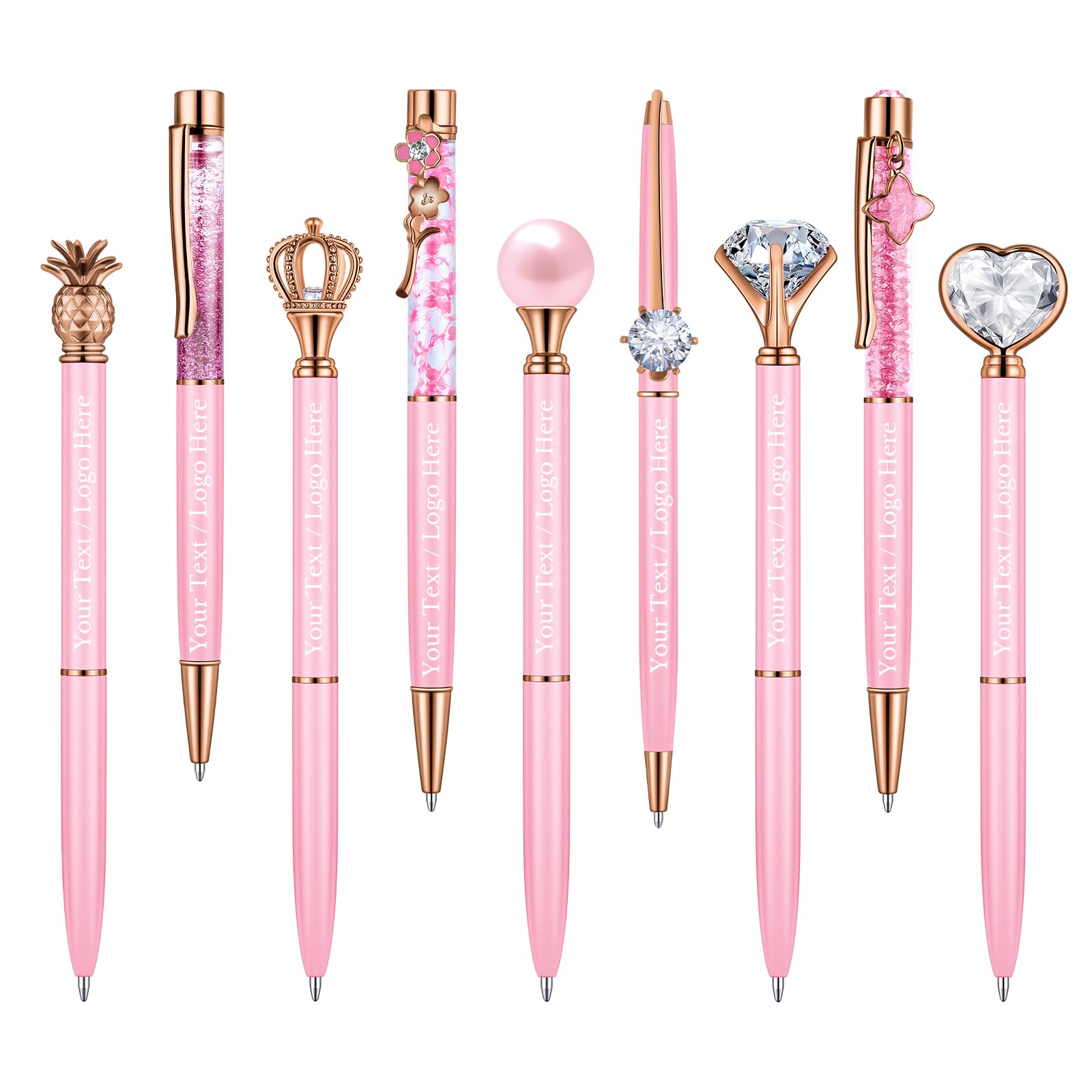 Personalized 9 Pc Crystal Diamond Glitter Pens Set - Custom Name & Logo Business Gifts (Pink)