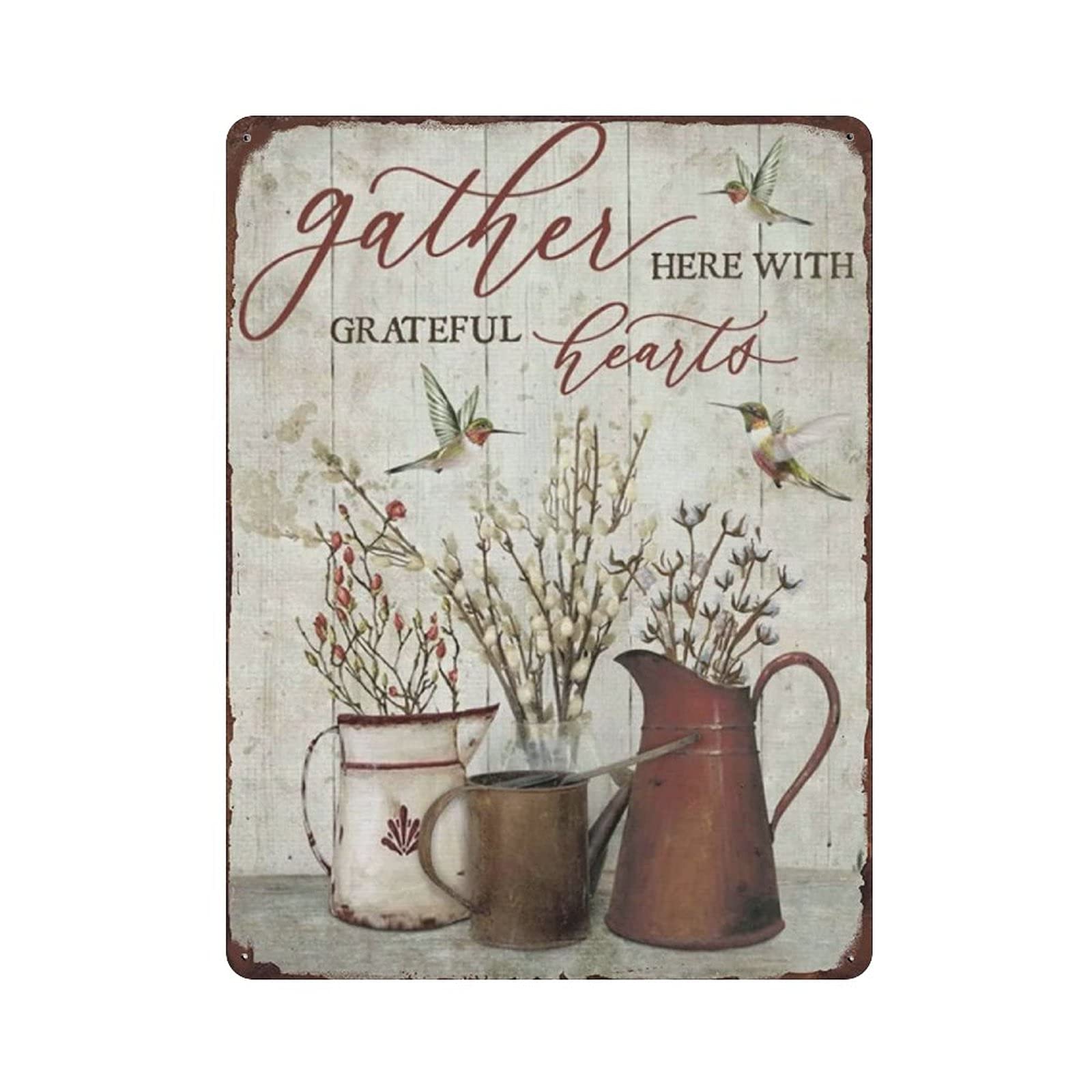 Hummingbird And Flower Gather Here with Grateful Hearts Metal Tin Sign Artwork Poster Iron Painting Outdoor Sign Vintage Plaque Poster Cave Garage Pub Bar Kitchen Home Decoration 16"x12"