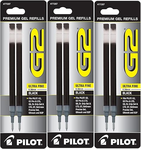Pilot G2 - Recambios de tinta de gel, punta ultrafina, 0.015 in, tinta negra, 6 recambios