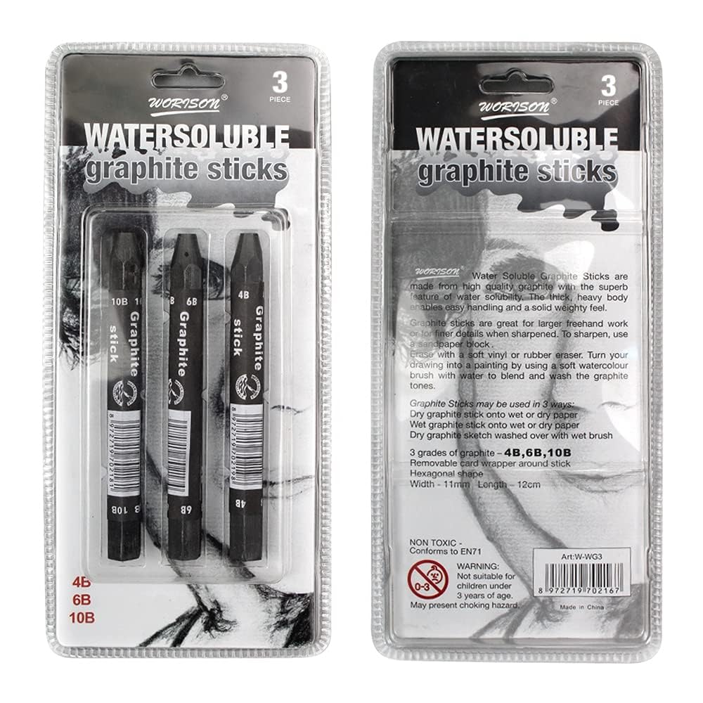 Water Soluble Chunky Graphite Stick Pack of 3 for Sketching and Drawing