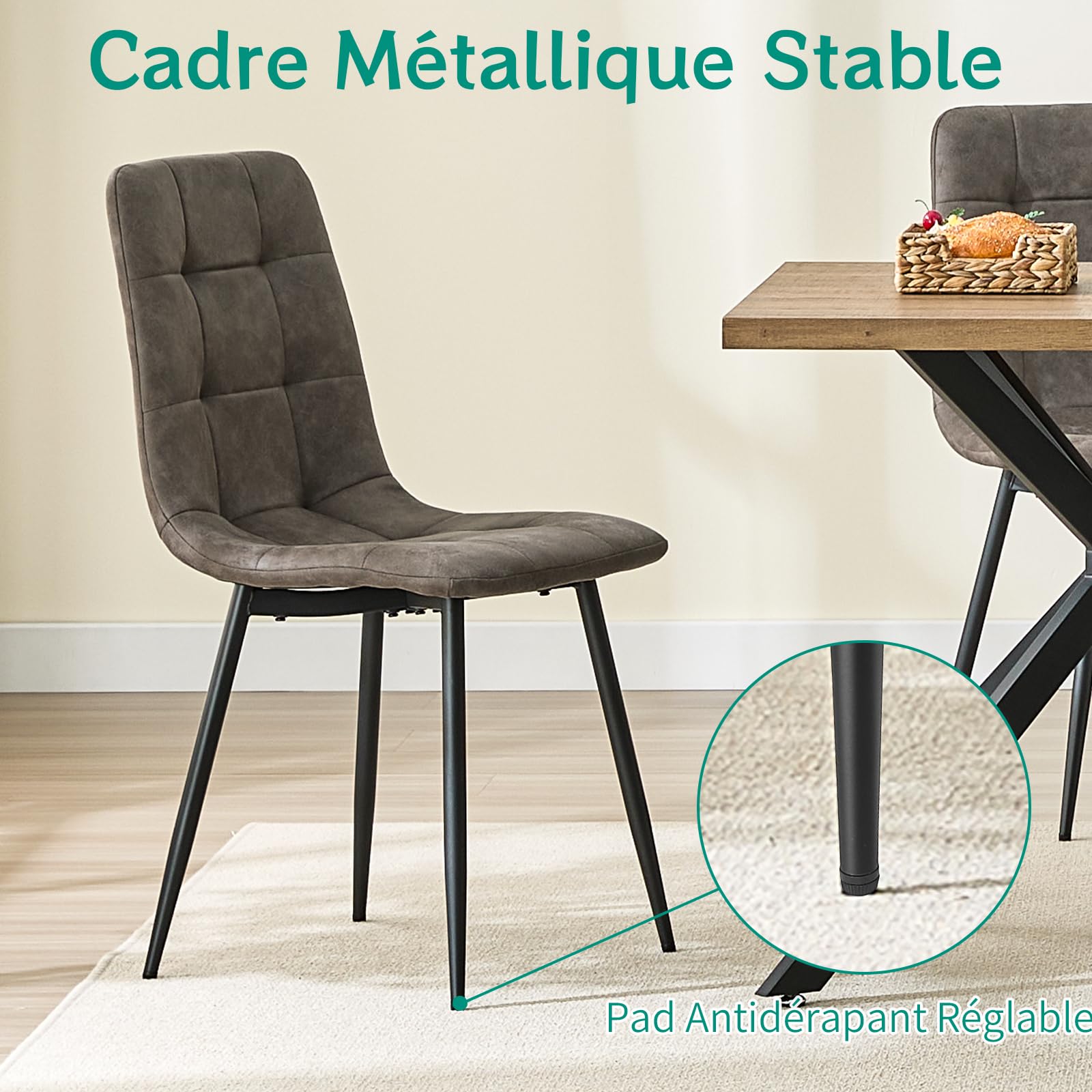 JIJIAN Lot de 6 Chaises de Salle à Manger, Chaises de Cuisine en Tissu Technologique, Chaises Rembourrées pour Salon avec Pieds en Métal Noir, pour la Salle à Manger, la Salle d'attente, Marron