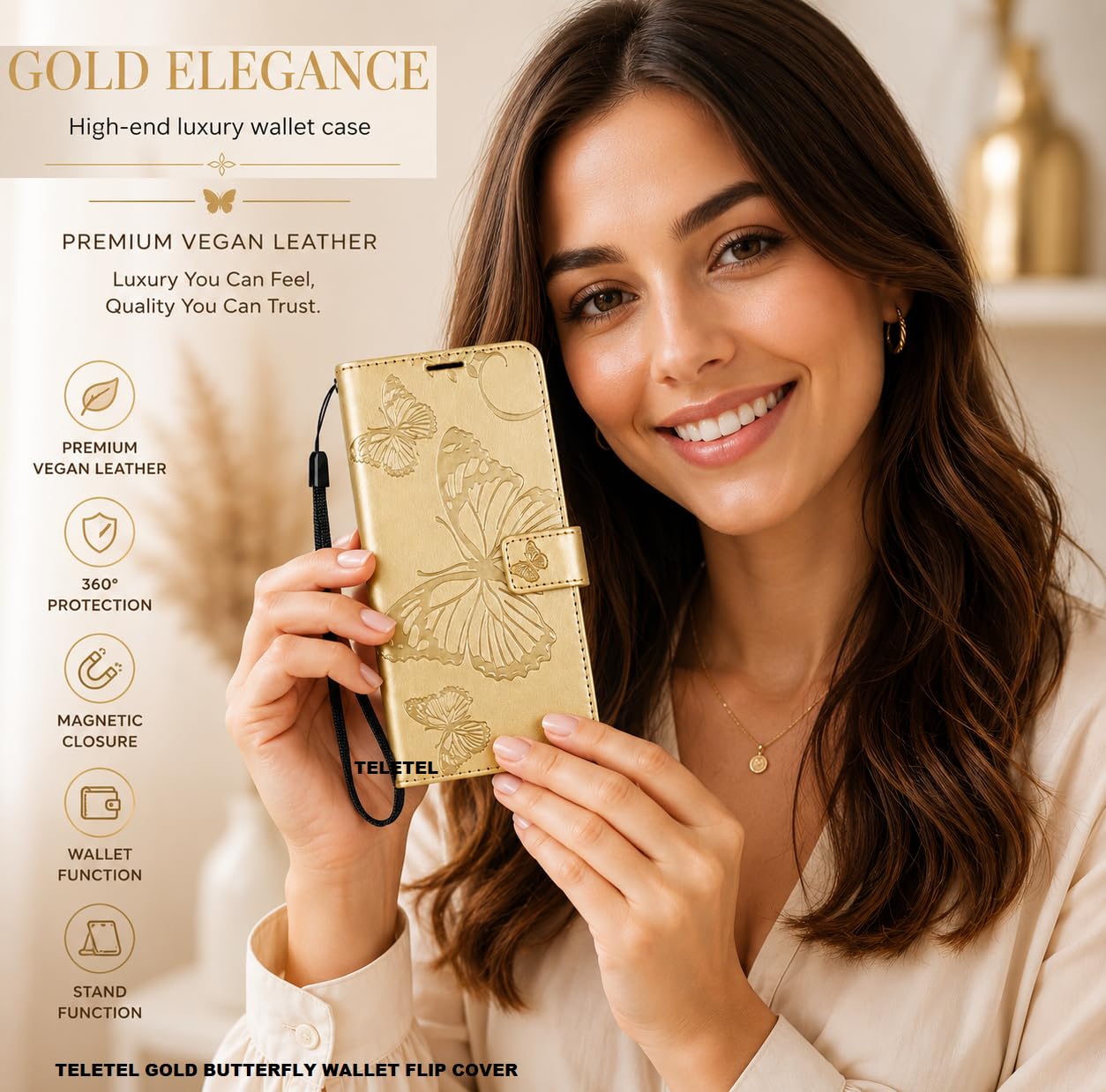 TELETEL Diva Series Butterfly Embossing Pu Leather Flip Wallet Case Cover with Card Holder | Magnetic Closure (Gold) for Redmi Note 11 & Redmi Note 11S 1