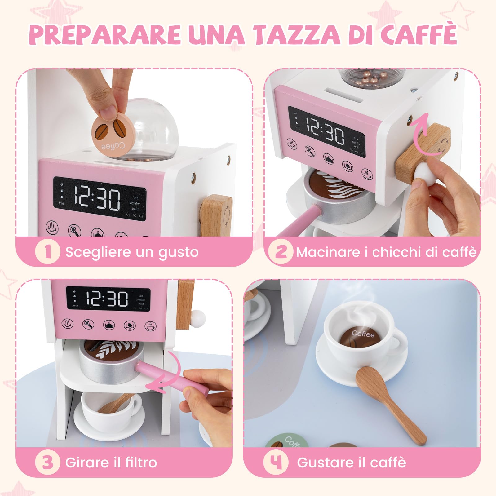 COSTWAY Cucina Giocattolo Angolare con Fornelli e Micronde da Suoni e Luci, Cucina per Bambini in Legno con Macchina Caffè, Lavandelo, Forno e Lavatrice, Set Cucina con Accessori (Rosa)