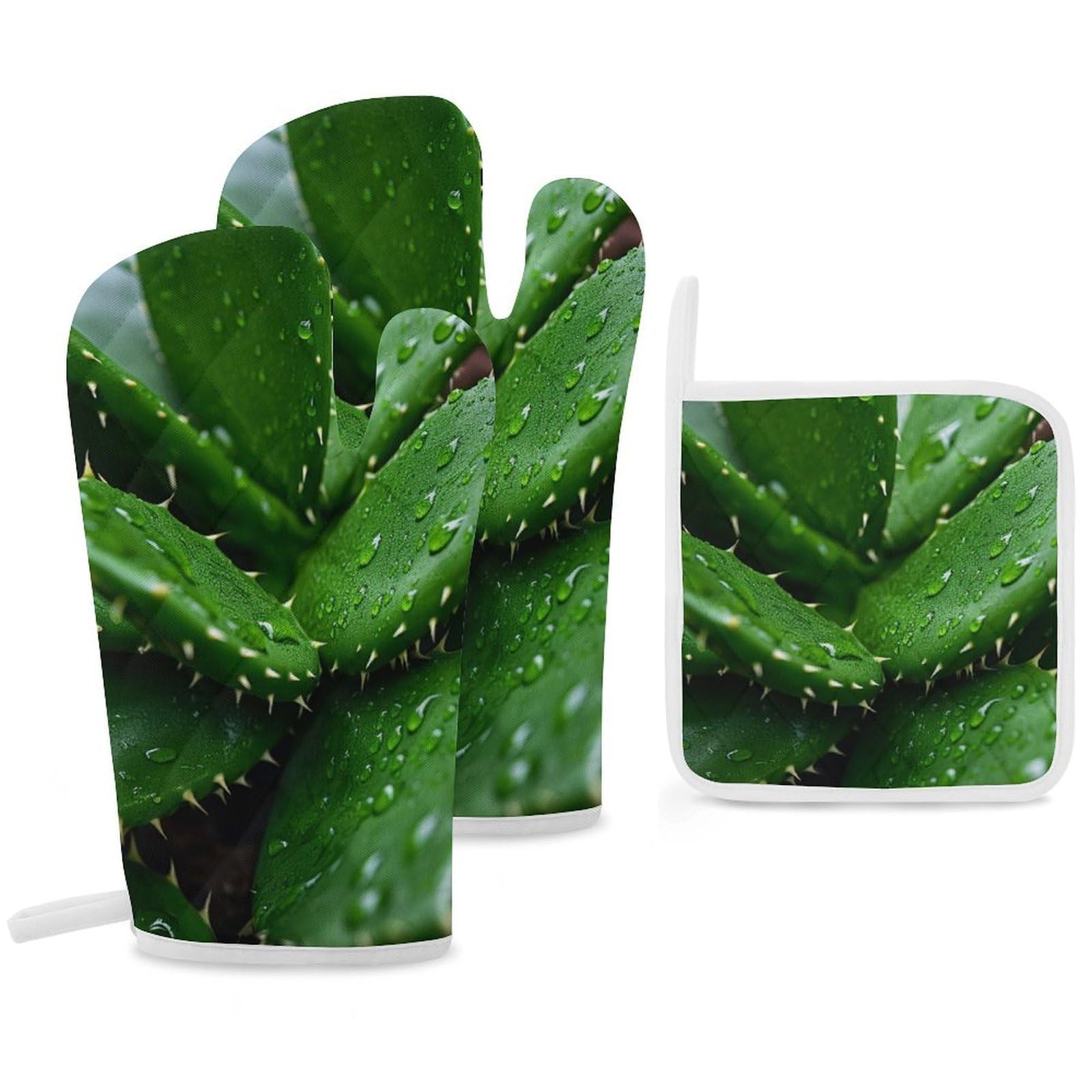 Oven Mitts and Pot Holders Set of 3 Heat Resistant Non-Slip Kitchen Gloves Hot Pads Cactus Plant Mittens Gloves Non-Slip Potholders for Cooking Baking Grilling BBQ