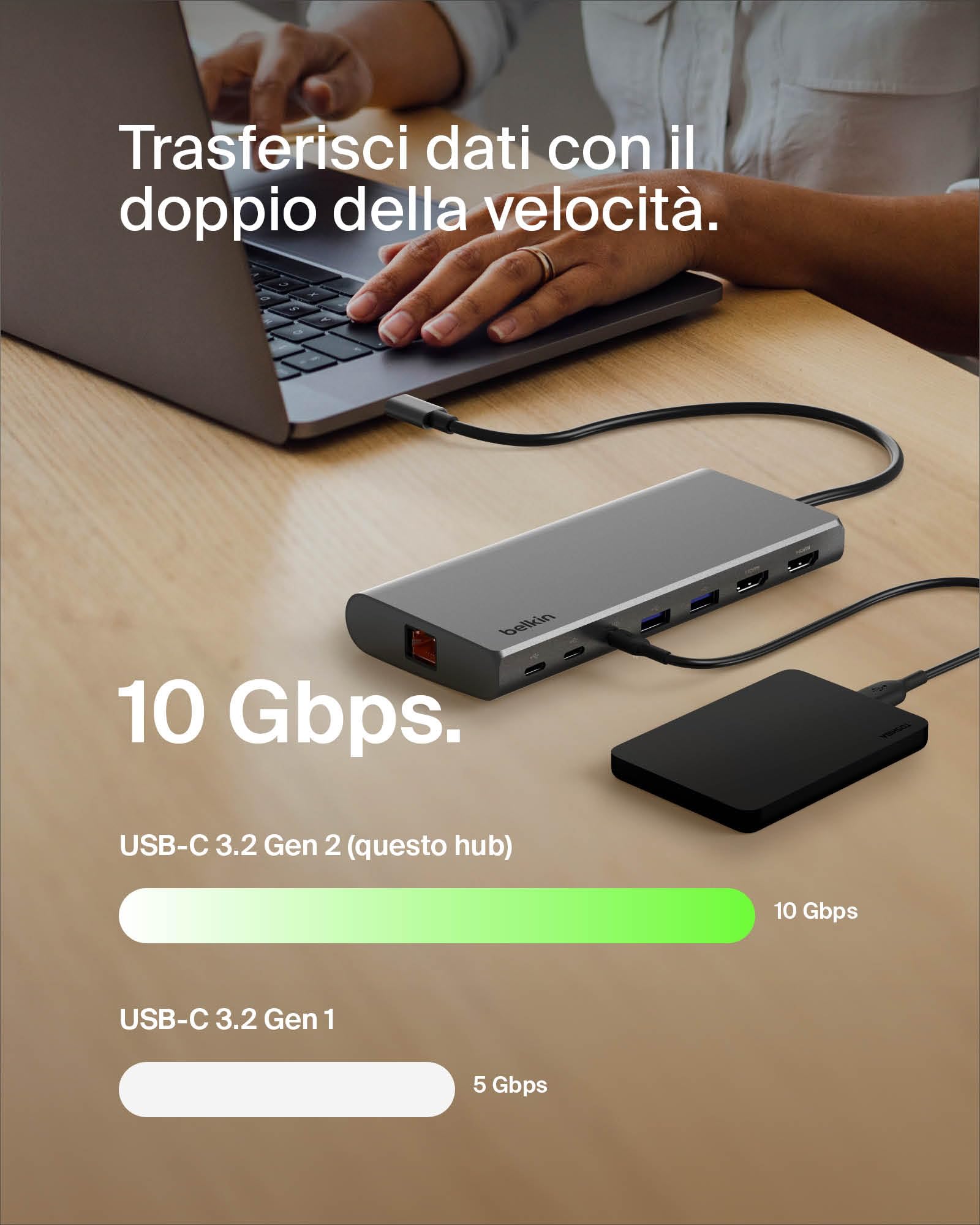 Belkin Connect Hub universale 8 in 1 USB-C per 2 display Core con tecnologia Silicon Motion, compatibile con Mac, Windows e Chromebook, 100 W PD, velocità di trasferimento di 10 Gbps, 1 GbE, Argento