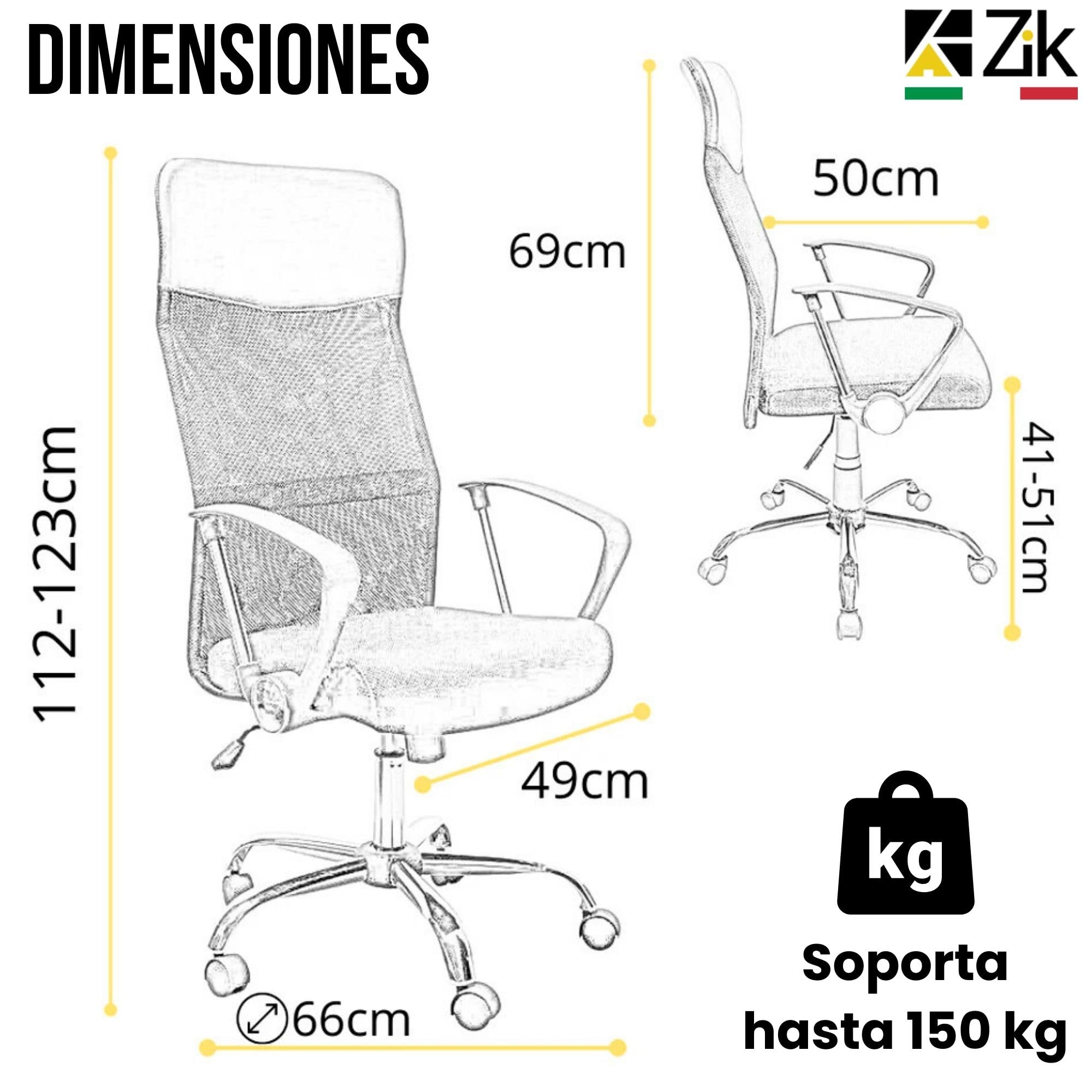 ZIK Silla de Oficina Cómoda, Ergonómica, Butaca, de Director, Silla de Escritorio En Tejido de Malla Negro, con Soporte Lumbar, Direccional con Ruedas