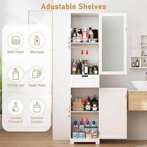 Miniatura 3 de 1 gabinete de almacenamiento alto para baño con 2 puertas y 1 cajón, estantes ajustables. Armario de lino estrecho independiente para espacios