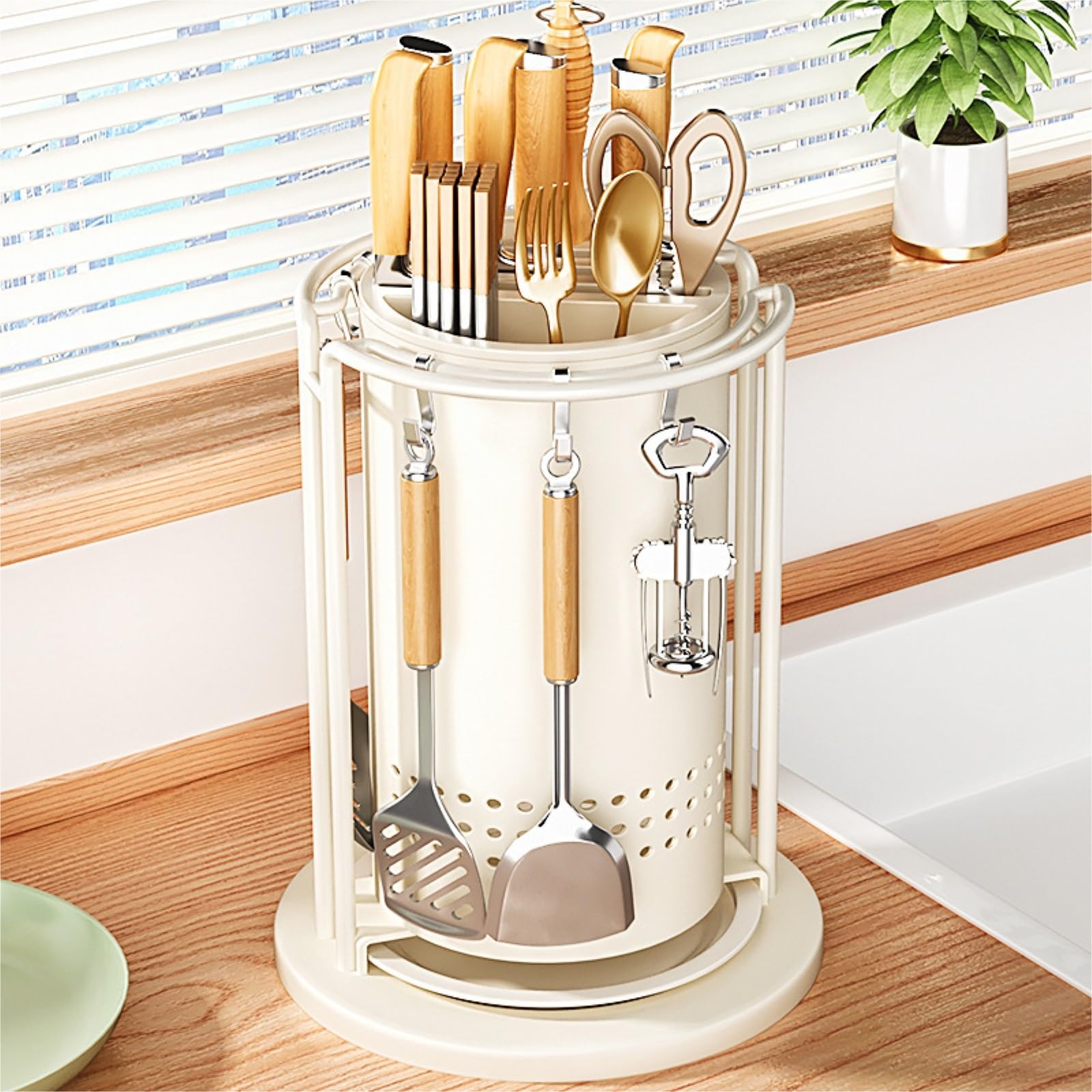 Bloque para Cuchillos Utensilios De Cocina Soporte Giratorio For Cuchillos con Bandeja De Goteo Extraíble For Utensilios Cocina Herramientas(White)