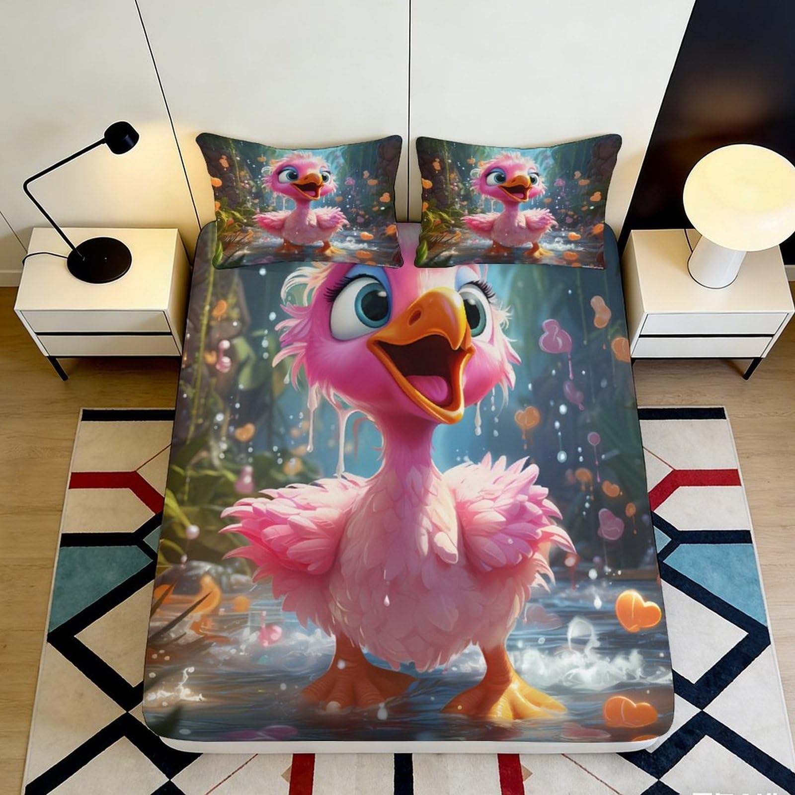 3D Printed Cute Pink Duck Fitted Sheet Microfiber Deep Pocket Bedroom Bedding Set Cartoon Duck Mattress Fitted Cover Elastic Hem Washable 200x200x25cm