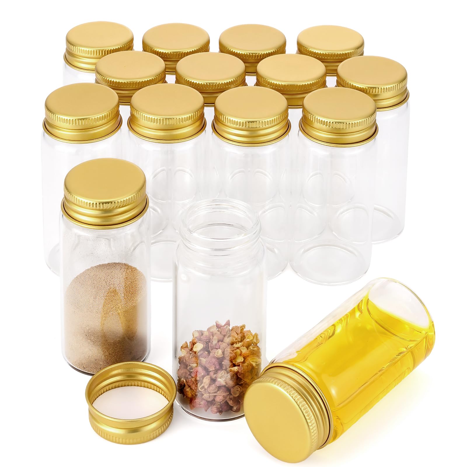 JIUWU 15-Pack Glass Bottles,60mL Small Bottles, 37x80mm 2oz Gold-Cap Jars with Lids, Mini Liquor & Spell Jars for Storage