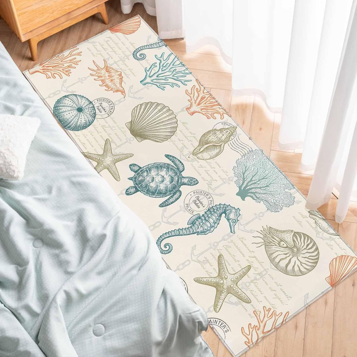 Teamery Kitchen Mats for Floor Watercolor Sea Turtle Conch Starfish Washable Non Slip Kitchen Rugs 1PCS, Vintage Shell Coral Absorbent Standing Mats for Sink Bathroom Office Living Room 15.7x47.2in