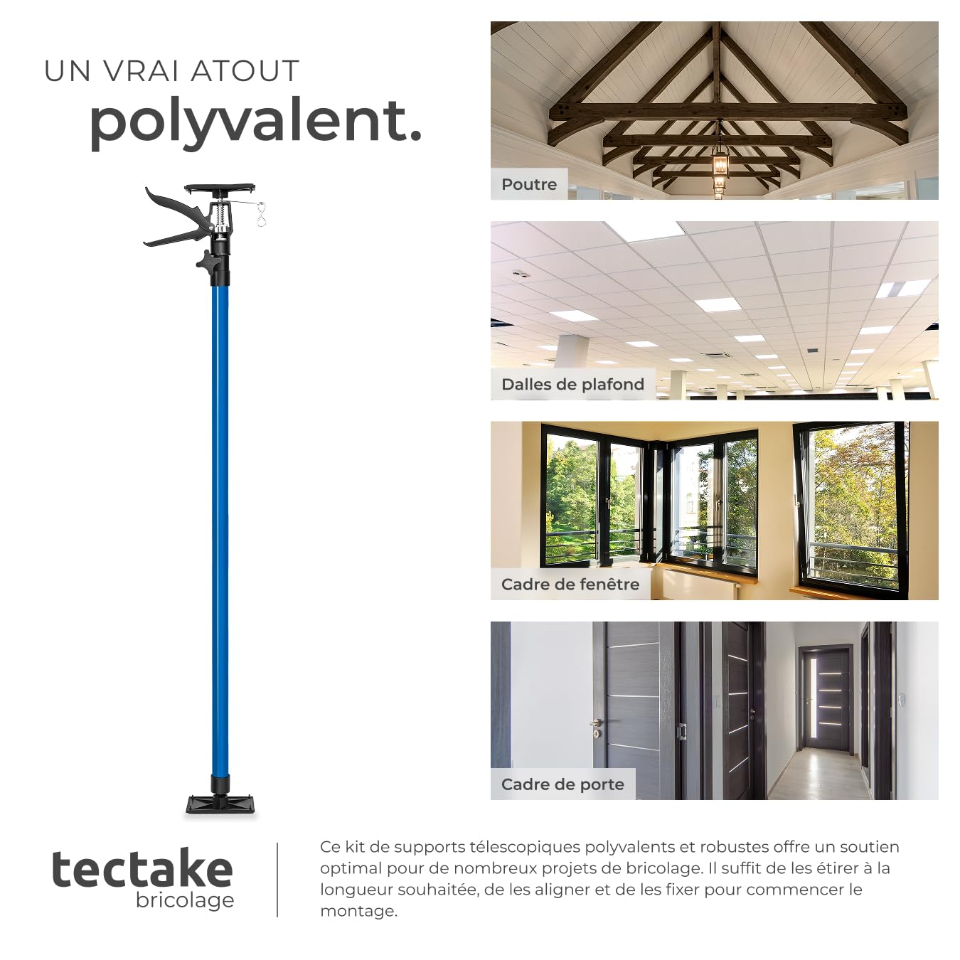 Tectake Lot de 2 Etais Télescopique Support Plafond, Réglable 115-290 cm, Charge Max 30 kg, Fixation Rapide, Bleu