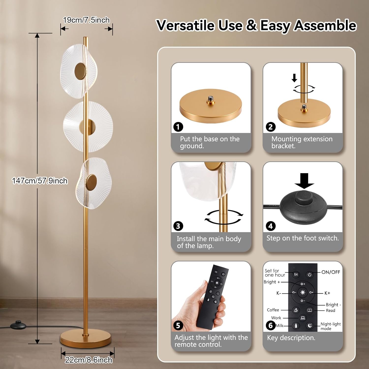 LED Dimmable Floor Lamp with Remote & Foot Switch, 2700–6000K Adjustable Color Temperature & Stepless Dimming, Sculptural Leaf-Disc Tall Standing Lamp, Brass Gold Corner Lamp for Living Room Bedroom