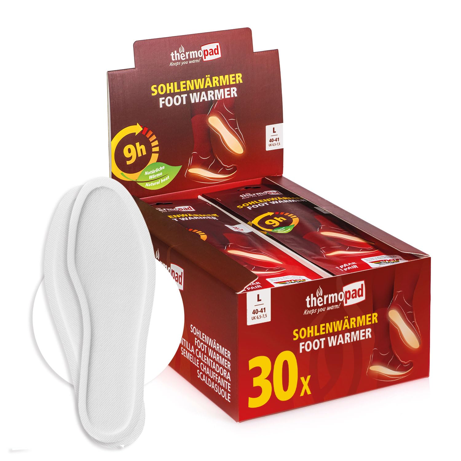 THERMOPAD Semelles chauffantes S-XXL – L'ORIGINAL : 30 Pairs de chaufferettes pour jusqu'à 9 Heures de Chaleur - pour Les Chaussures de Ski et Les Bottes - activé par l'air
