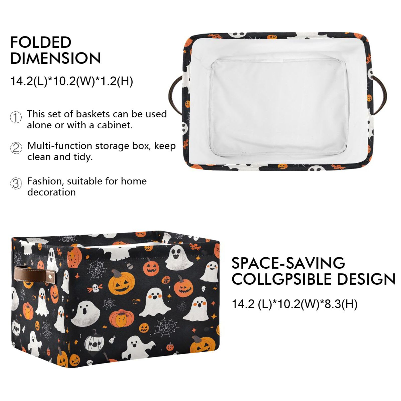 Cgiub Halloween Boo Storage Basket Foldable Halloween Box Fabric Storage Bin with Handles Closet Organiser Boo Basket for Trick-or-Treat - Image 3