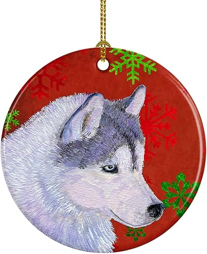 Caroline's Treasures SS4671-CO1 - Adorno de cerámica de Navidad de Husky Siberiano con copos de nieve rojos, multicolor