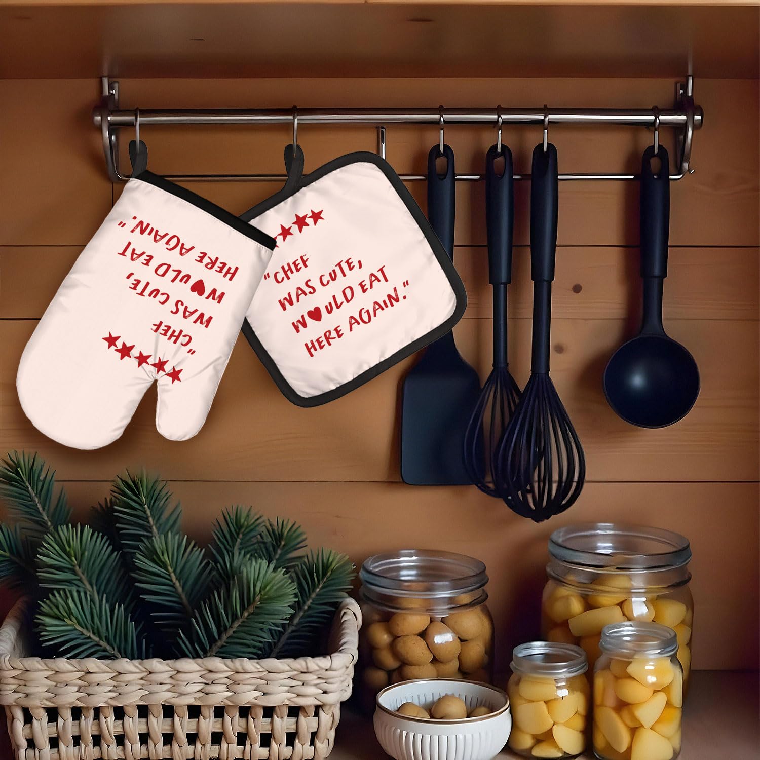 Chef was Cute 'Would Eat Here Again' rękawice kuchenne i zestawy uchwytów na garnki, zabawne prezenty szefa kuchni dla kobiet, modne różowe żaroodporne rękawice kuchenne podkładki do dekoracji