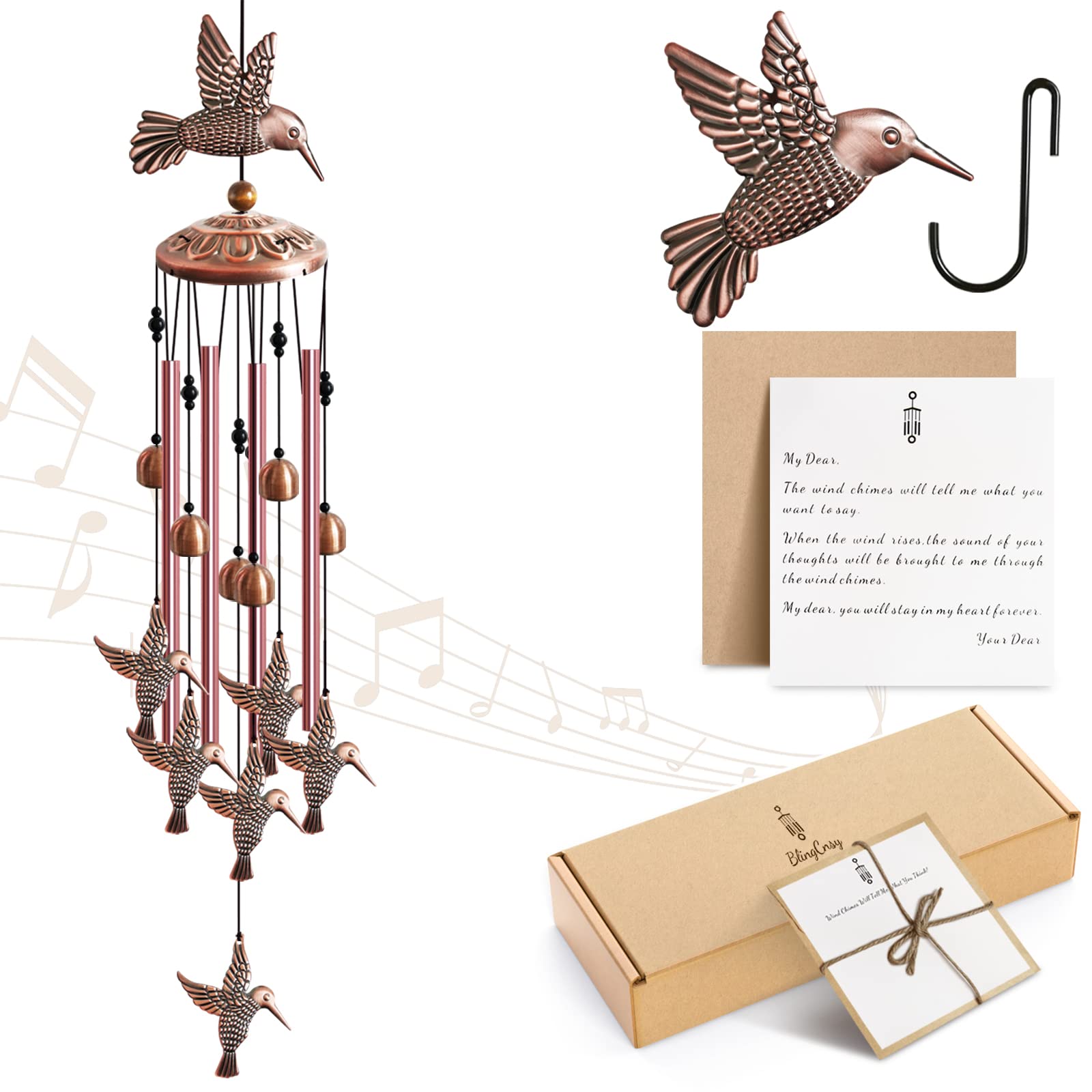 Hummingbird Wind Chimes for Outside with Card - 33" Memorial Wind Chime Gift to Express Thoughs & Love to You Mother Father Lover Friend Pet - Metal Sympathy Windchimes Outdoors Garden Decor