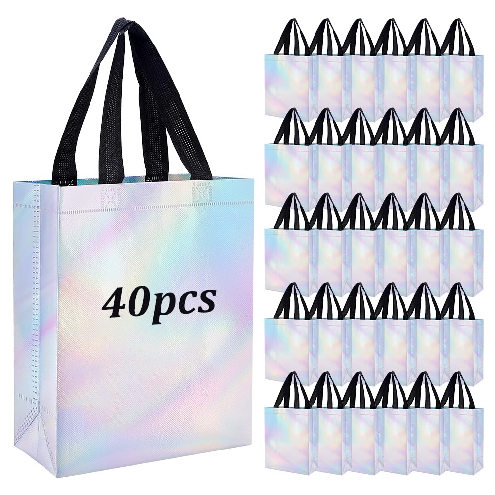 PH PandaHall 40pcs Iridescent Gift Bags with Handles Laser Tote Bags Colorful Holographic Party Bags Silver Reusable Gift Bags for Birthday Wedding Holiday(7.78x3.94x9.84 inch)