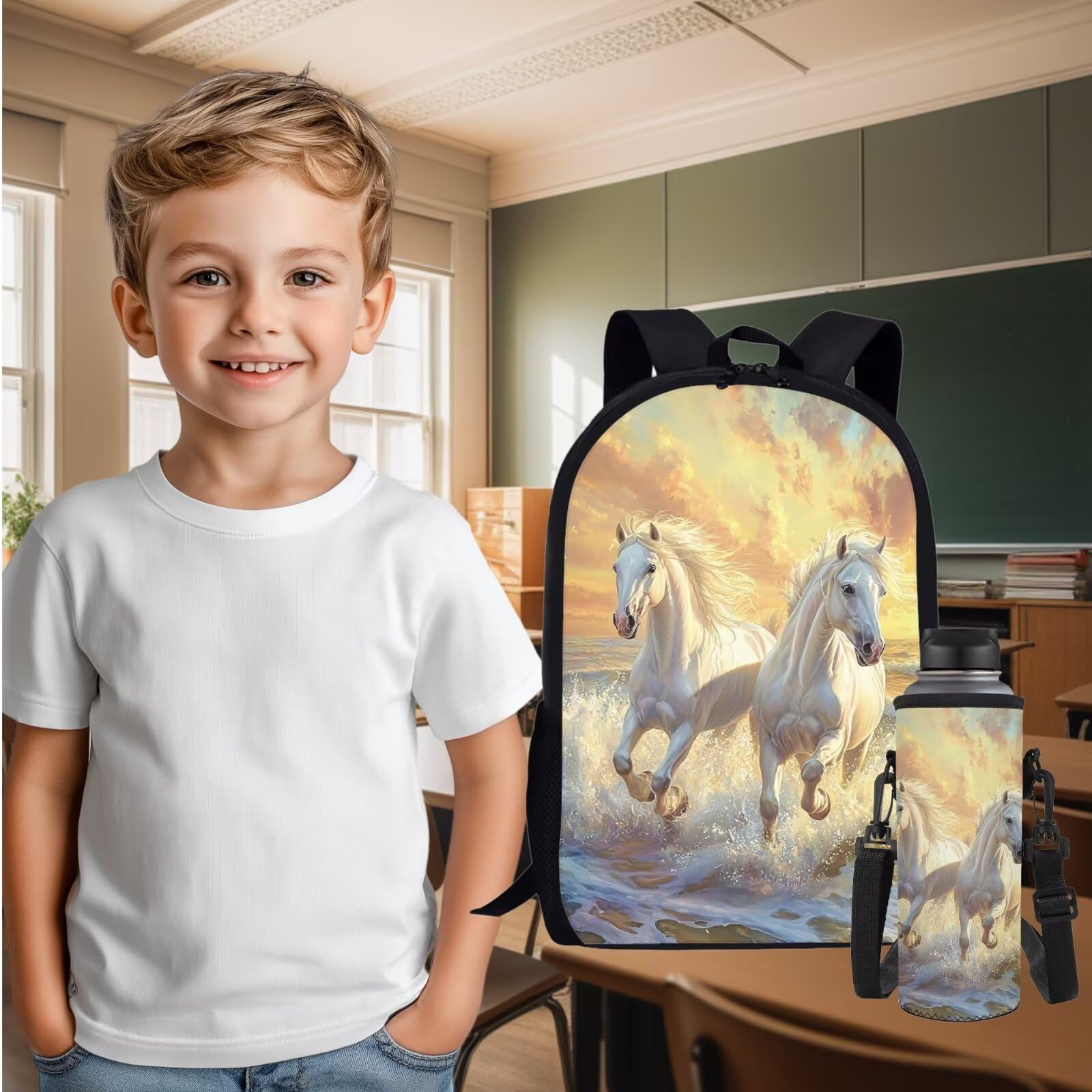 Juego de mochila escolar y bolsa de almuerzo para niños, con estuche para lápices, funda para botella de agua, Caballo blanco, Talla única