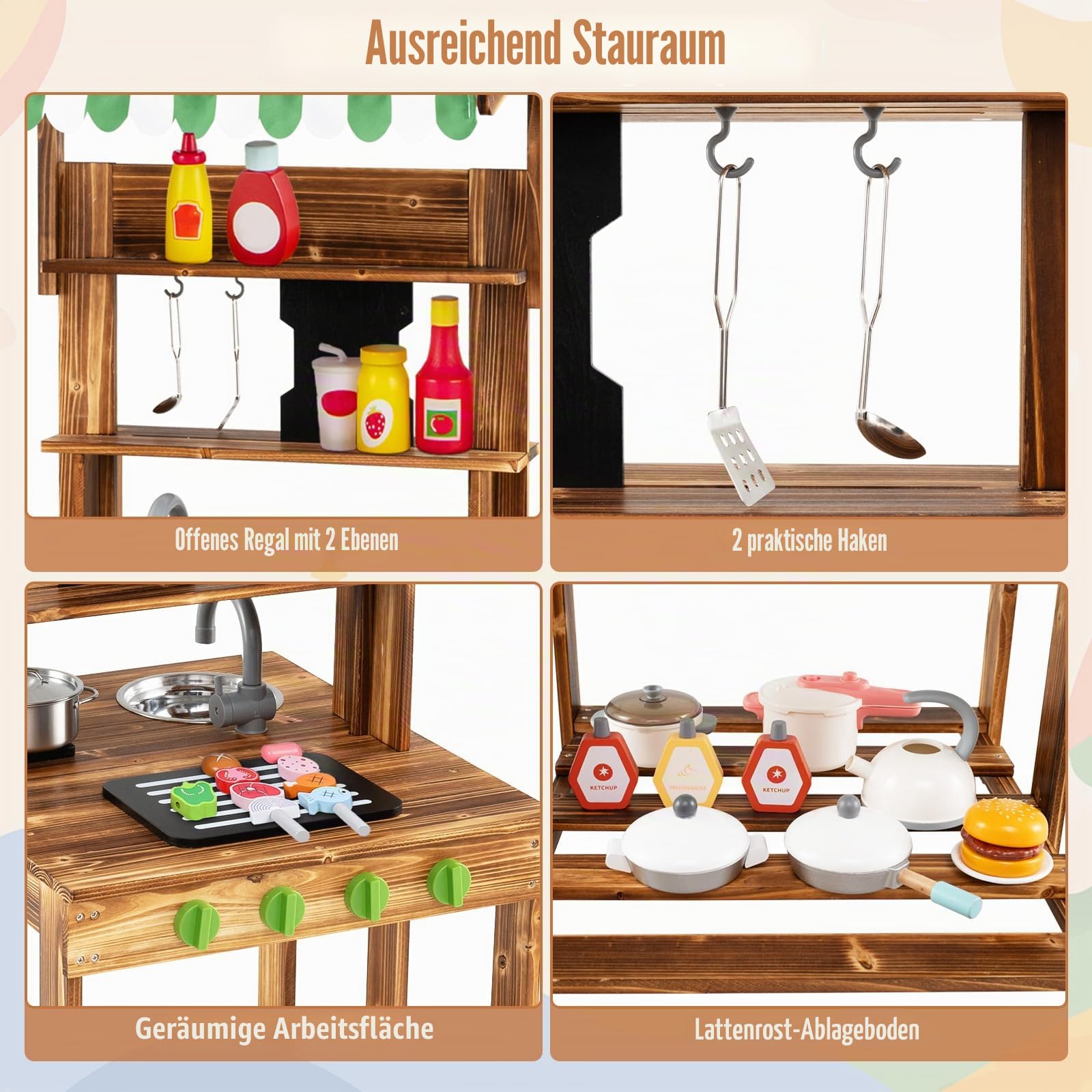 DREAMADE Matschküche Kinder Outdoor, Kinderküche mit Dach, Wasserhahn, Spüle, Tafel & Kindergrill, Doppelseitige Spielküche aus Tannenholz, Outdoor Küche für Jungen & Mädchen ab 3 Jahren