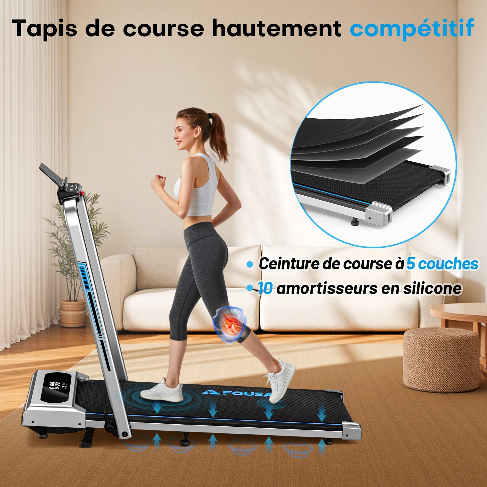 Tapis de Course Pliable FOUSAE 12 Programmes HIIT Inclinable 9% 12 KM/H Moteur 2,75 CV Charge 158kg