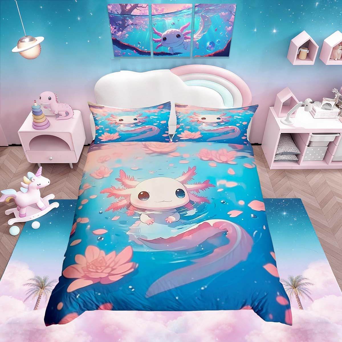 Homemissing Cute Axolotl Duvet Cover Set Pink Axolotl Bedding Set for Kids Boys Girls Sea Animal Themed Comforter Cover Flower Quilt Cover Bedroom Collection 3Pcs Double Size — image 1