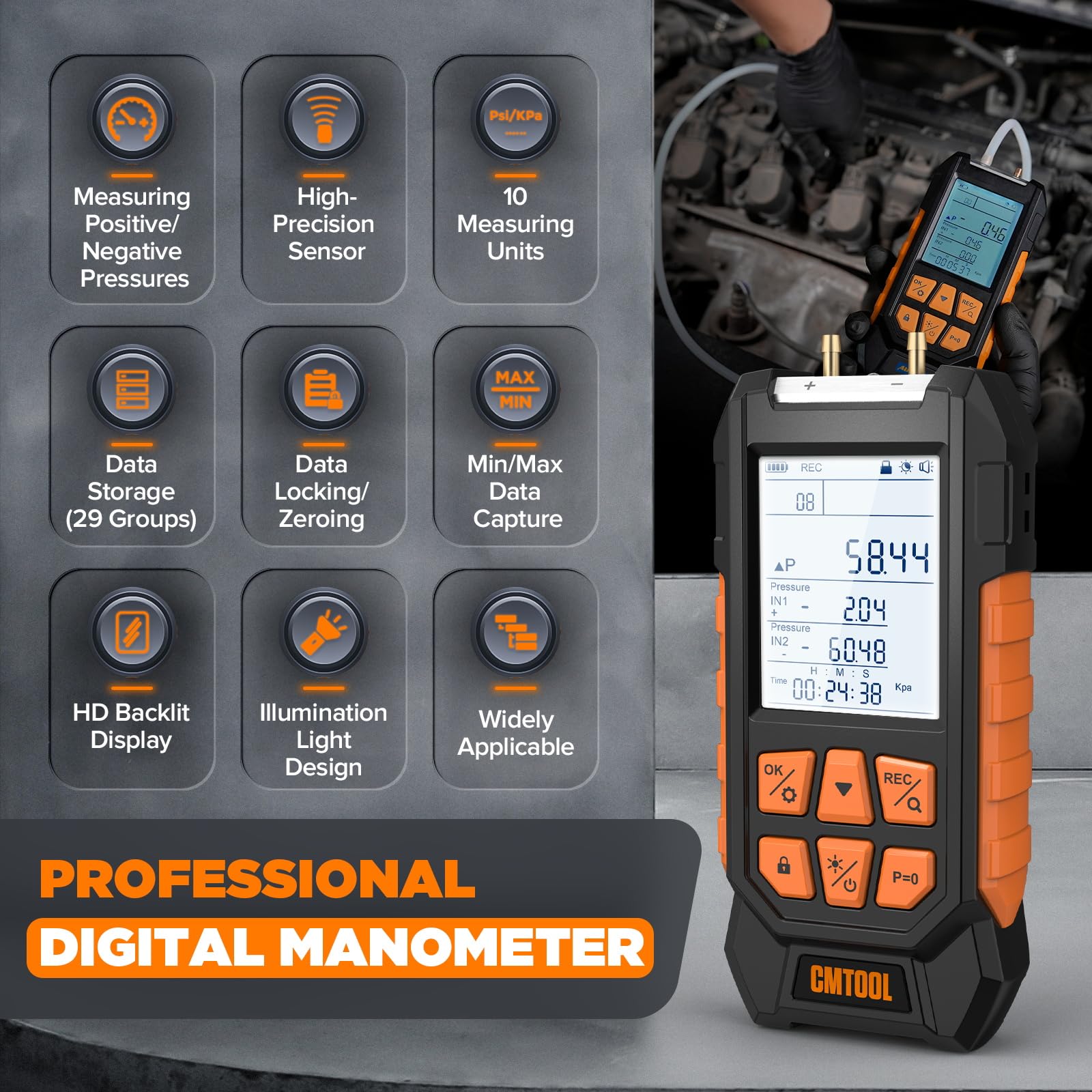 CMTOOL Manómetro de presión de gas, manómetro digital de -100-200 Kpa con imán fuerte, 10 unidades seleccionables, kit de probador de presión de aire de doble puerto con más accesorios