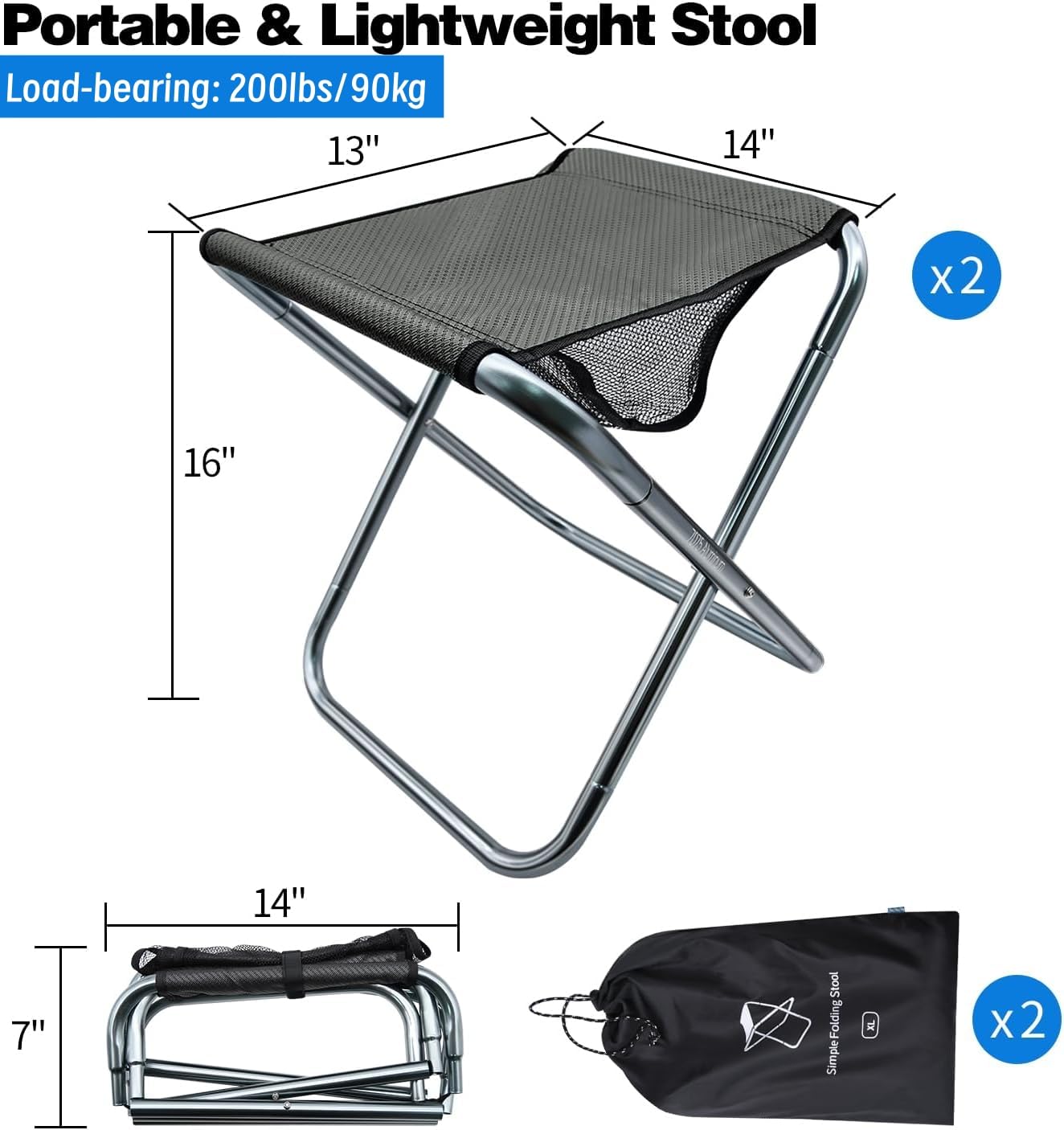 Confezione da 2 sgabelli da campeggio, alti 40,6 cm, di grandi dimensioni, pieghevoli, con borsa per il trasporto, staffa in lega di alluminio, peso leggero 0,7 kg, capacità di carico fino a