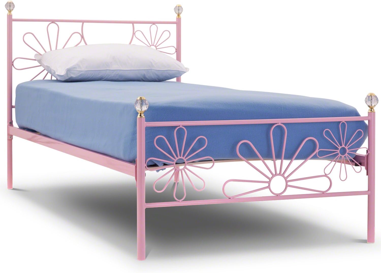 WorldStores Daisy Metal Bed Frame 3FT Single Bed Base Pink Girls