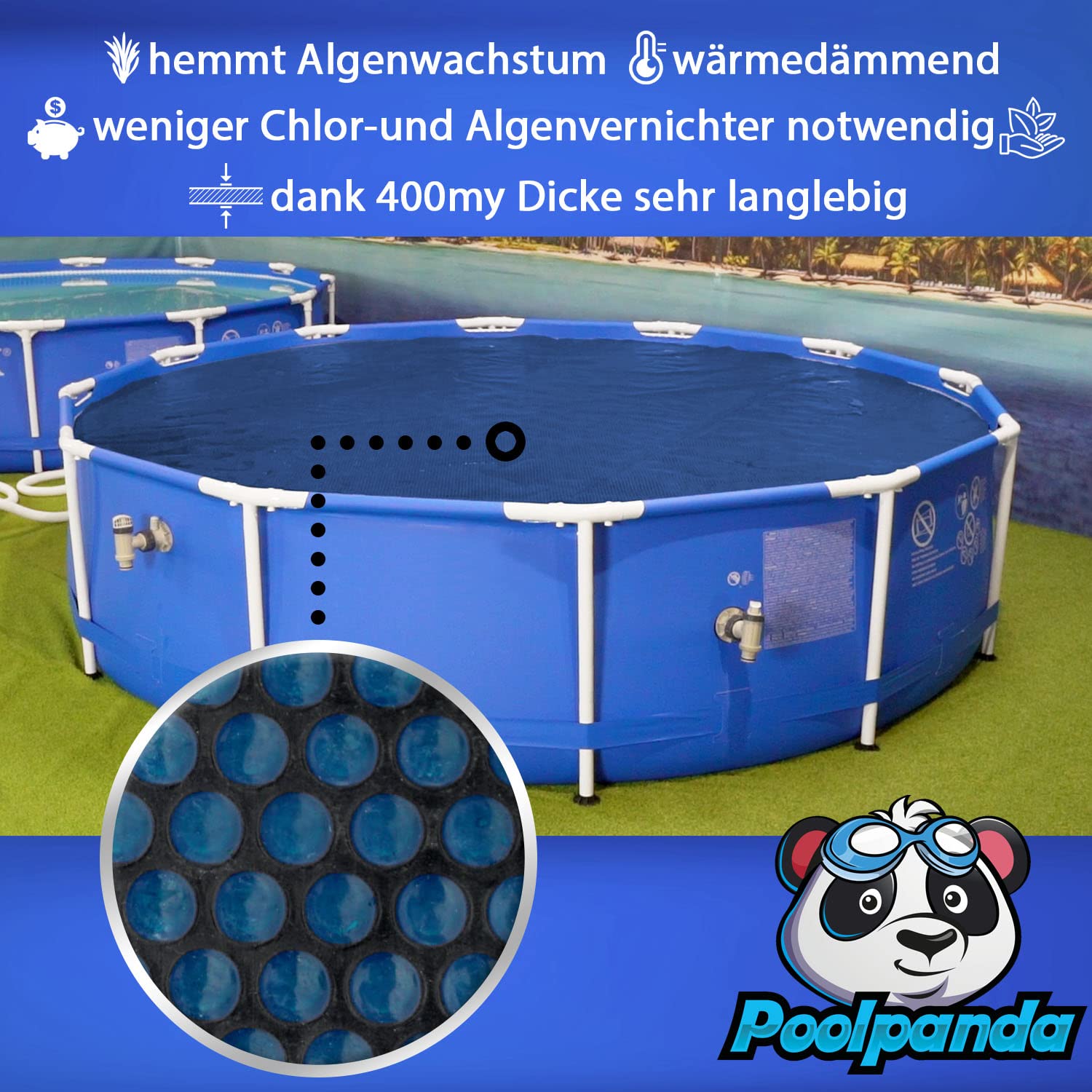 Poolpanda Solarfolie Ø 366 cm schwarz/blau 400my Solarplane Noppenfolie