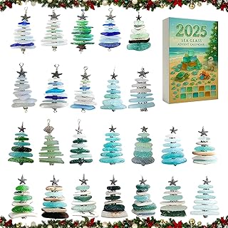 Sea Glass Christmas Tree Adventskalender 2025, 24 Tage Xmas Countdown Kalender mit 24 Miniatur-Weihnachtsbaumschmuck, 2025 Sea Glass Adventskalender Handgemachte Seaside Xmas Home Decoration (1 PCS)