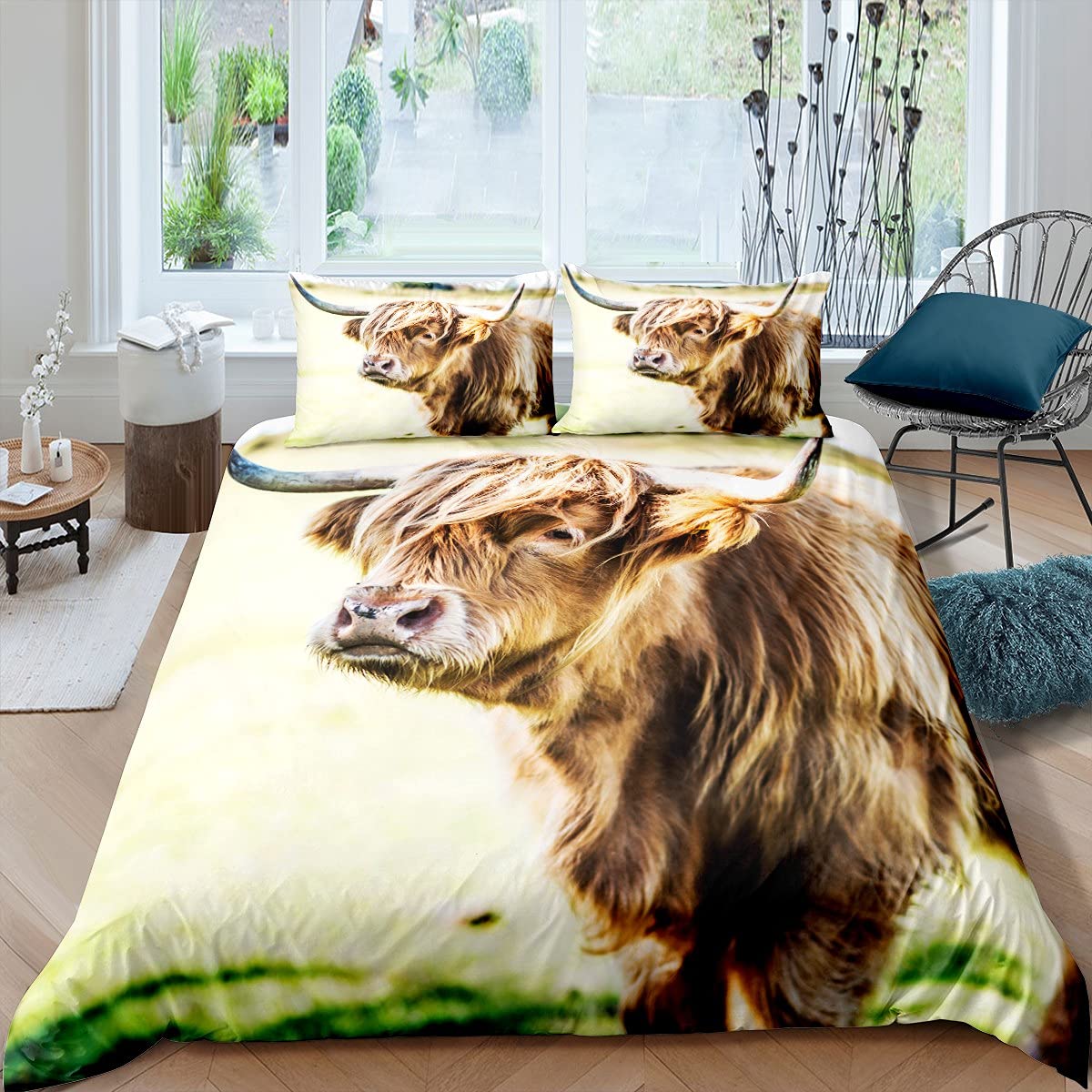 Homewish Longhorn - Set di biancheria da letto con copripiumino con teschio del sud-ovest nativo occidentale, per letto king size, etnico, tribale, geometria, azteco, stampa mucca, toro bovino