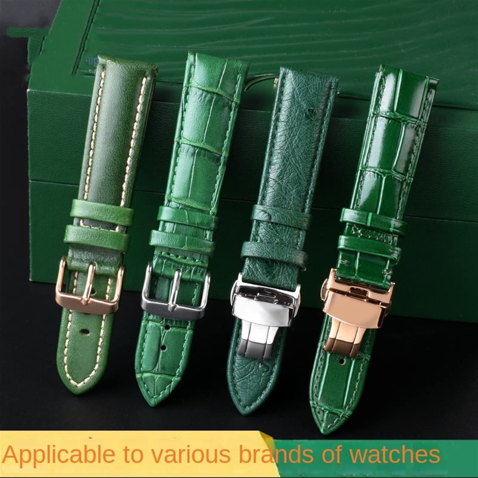 18mm 20mm 22mm modello di bambù morbida pelle bovina cinturino da uomo fibbia farfalla struzzo pelle verde cinturino bracciale