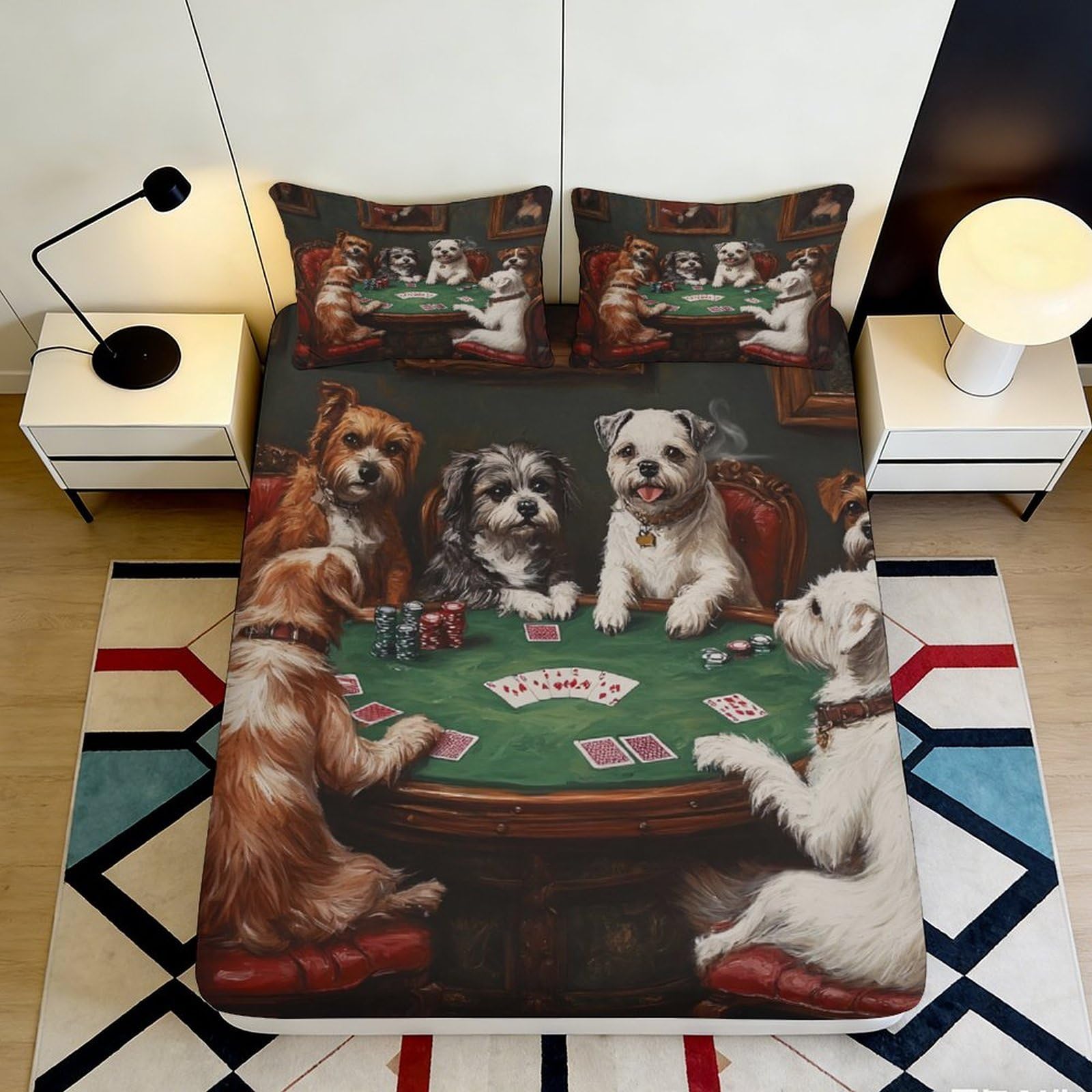 Pnayamiorkfel Style-4 3D Printed Poker Dogs Fitted Sheet Microfiber Soft Decorative Card Game Bed Cover For Bedroom Guest Room Easy Care 90X200x25cm