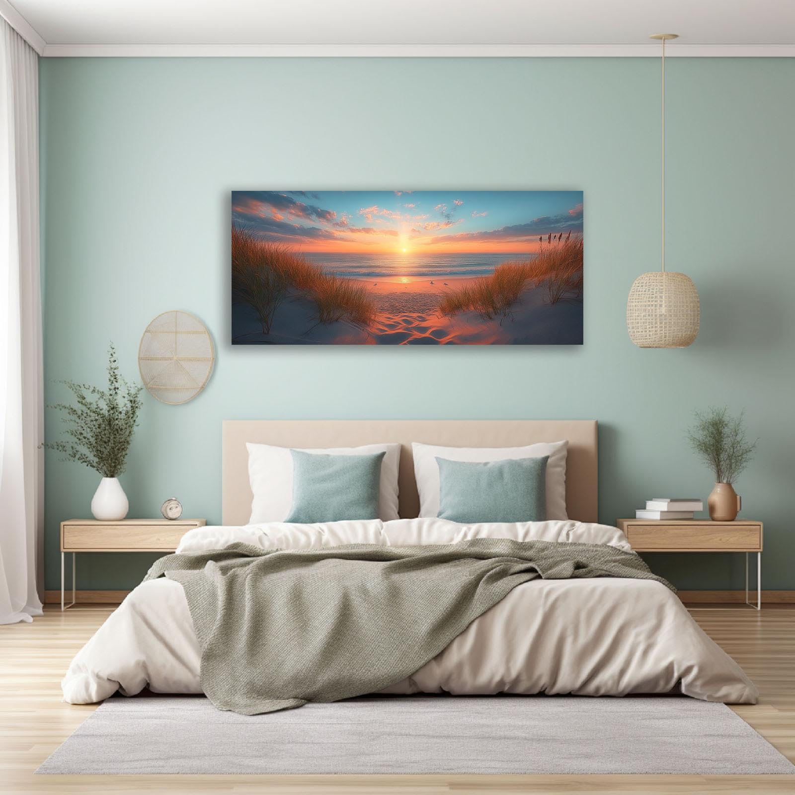 JosuE Or, orange Paysage Plage Mer Impression sur Toile Décoration, Paysage de coucher de soleil Tableau Salon Chambre Cuisine Grand Tableaux Decoratifs Muraux Art Wall-60x120cm Encadrée
