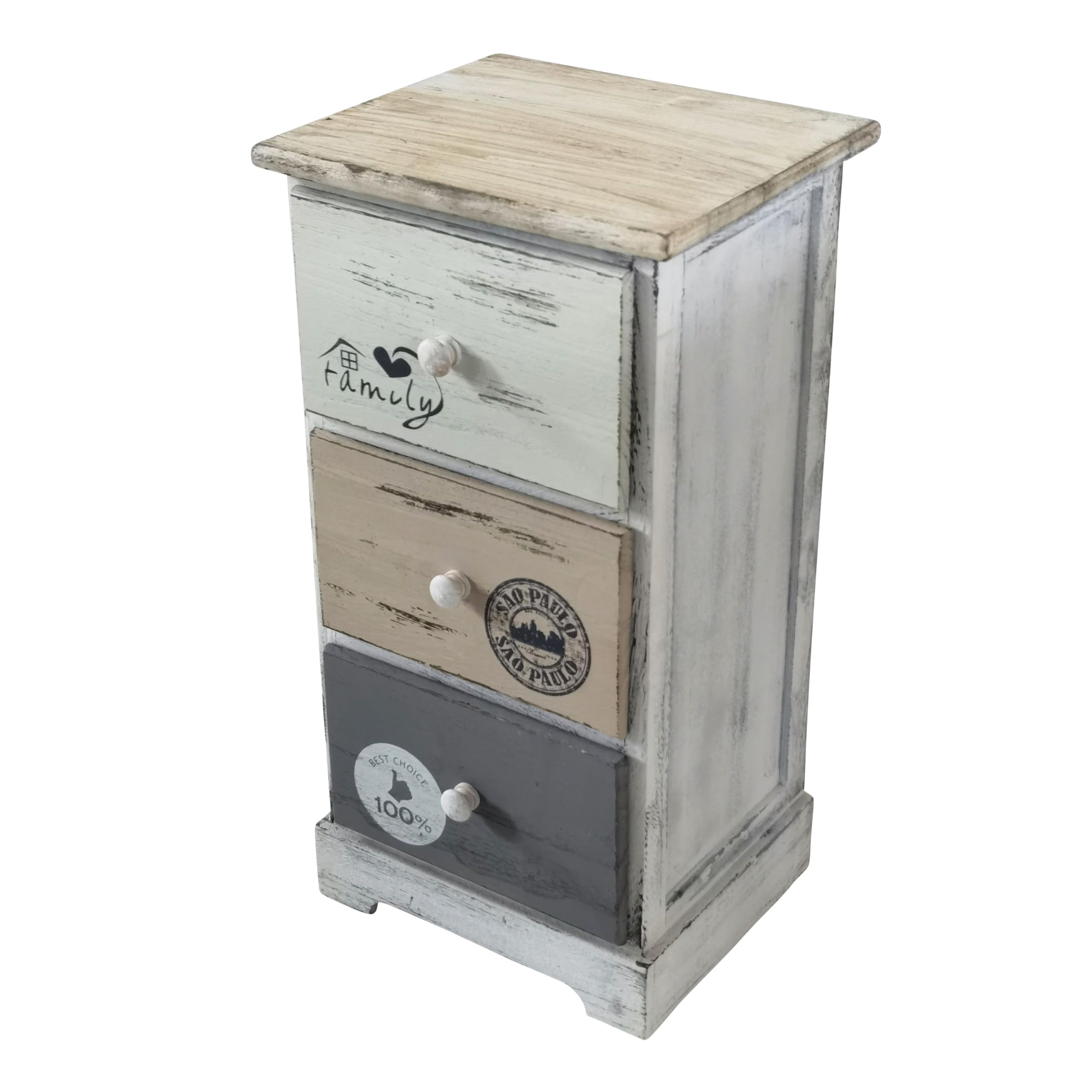milani home - mobiletto in legno con 3 cassetti, grigio chiaro, stile shabby chic, 29 x 25 x 56 cm