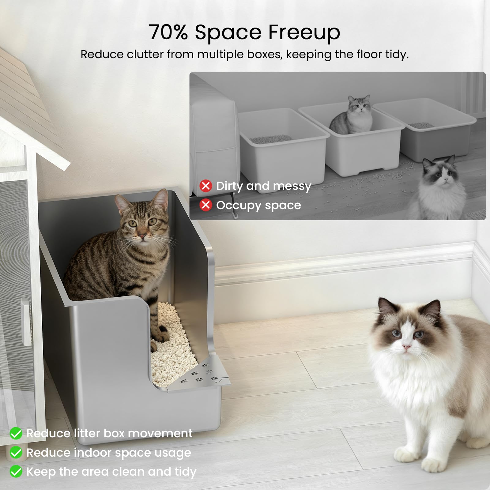 PTLOM Lebensmittelechtes Katzenklo Edelstahl XXL Katzentoilette 30CM hohe Seiten,Ecköffnung, mit Rädern, antihaftbeschichtet, geruchsneutral, für große/mehrere Katzen