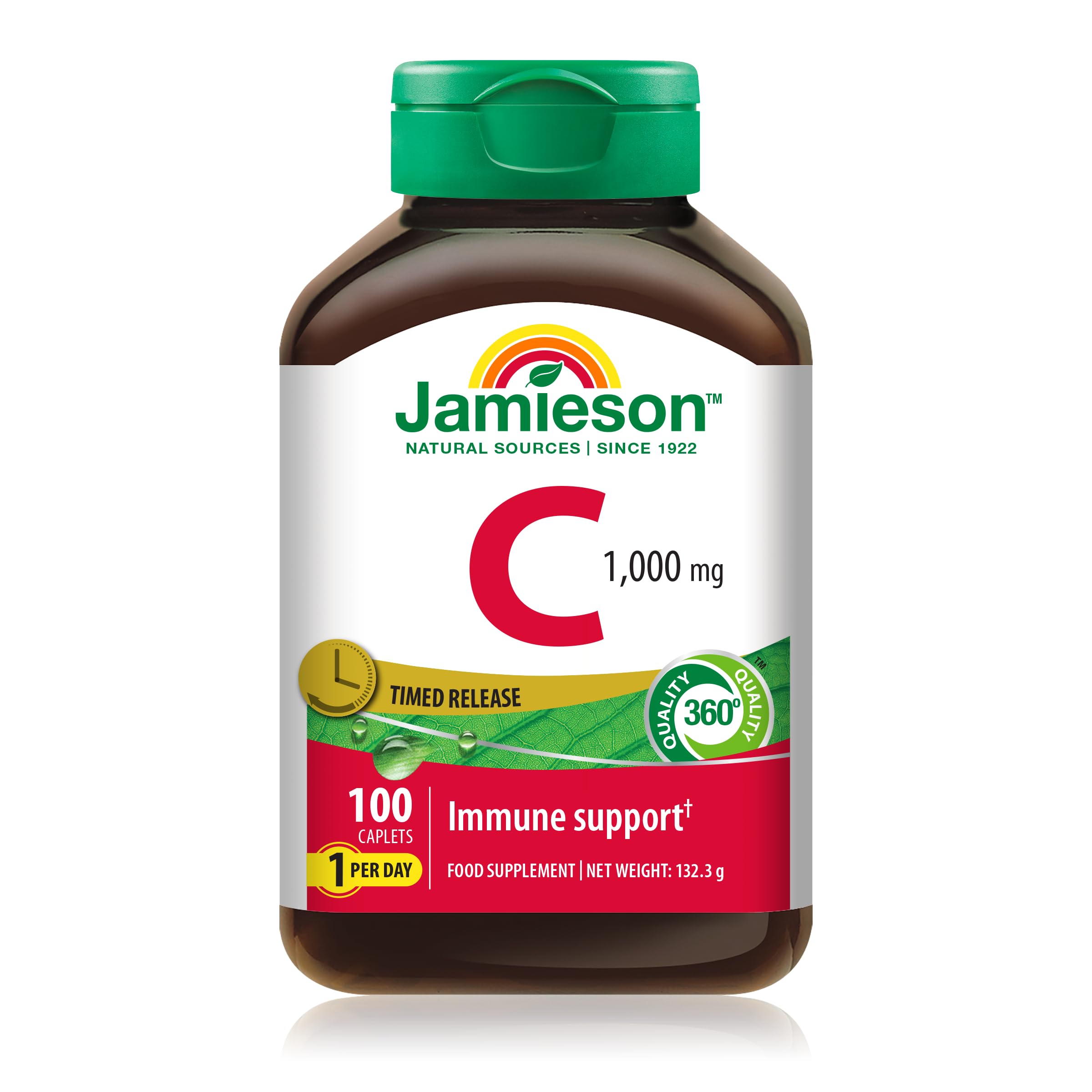 Jamieson Vitamin C 1000 mg Timed Release Caplets, Sustained Release, Vitamin C Supplement, Supports Immune Health, Collagen Formation for Healthy Skin, Teeth and Bones. 100 Caplets, 1-A-Day
