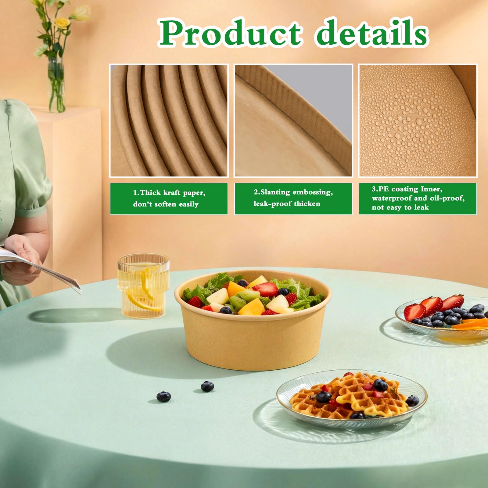 Ensaladera de papel con tapa, contenedor de alimentos Kraft de 25 onzas, taza de ensalada desechable para pasta fría, ensalada de patata, fruta y más [750 ml paquete de 50]