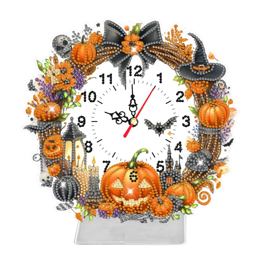 Fiorky X Diy 5D Diamond Painting Clock Desktop Ornament Kits For Adults, Special Shaped Halloween Pumpkin Diamond Painting Clock Art Craft Diy Crystal Diamond Clock Kit Living Room Decoration
