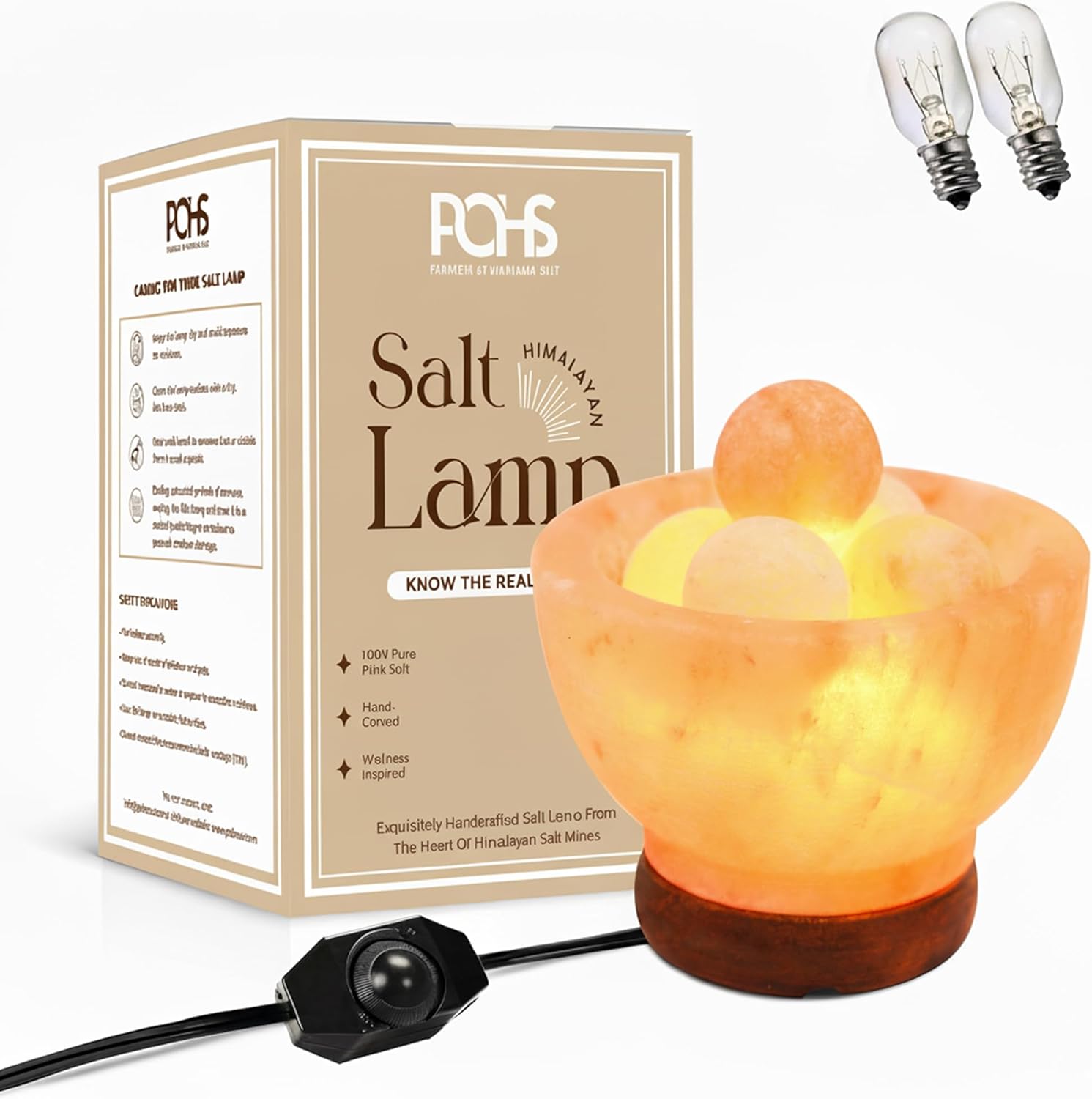 POHS Himalayan Pink Salt Fire Bowl Lamp with 5 Massage Balls, dimmable Switch Electrical Cord, with Replaceable Bulbs, Premium Wood Base. POHS Himalayan Pink Salt Fire Bowl Lamp with 5 Massage Balls, dimmable Switch Electrical Cord, with Replaceable Bulbs, Premium Wood Base.