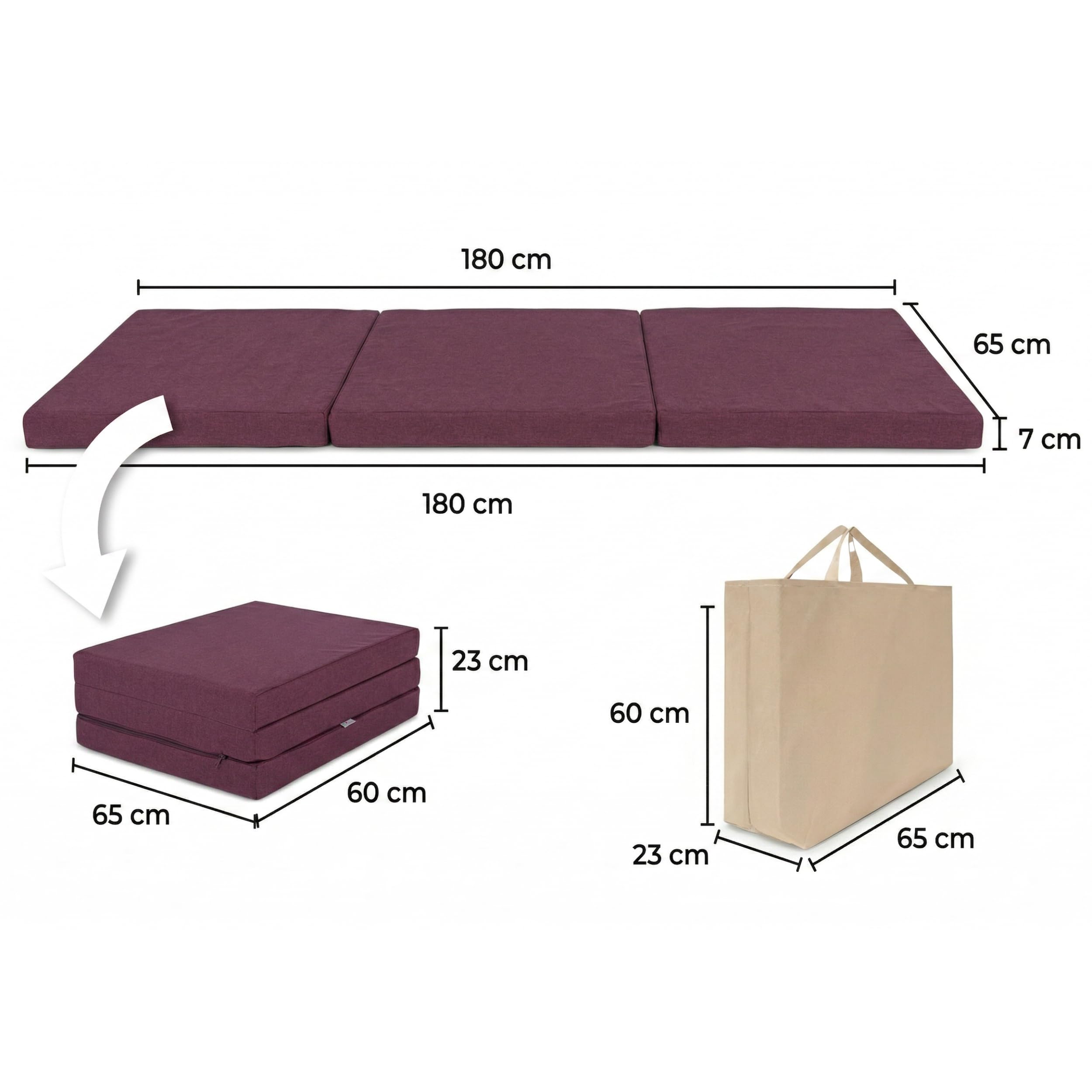FORTISLINE Matelas Pliant 3 Parties 180 x 65 x 7 cm, Bordeaux déperlant - Matelas d’appoint Pliable pour invité, Voyage et Camping, Housse Lavable