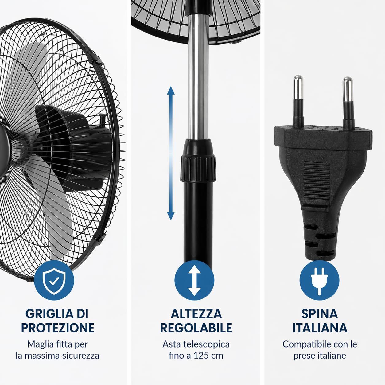 Ventilatore a Piantana da 50 cm con 5 Pale in Metallo e Motore 75W - Oscillazione Automatica - 3 Velocità - Altezza Regolabile 125 cm - Ventilatore SILENZIOSO con Griglia di Sicurezza per Casa/Ufficio