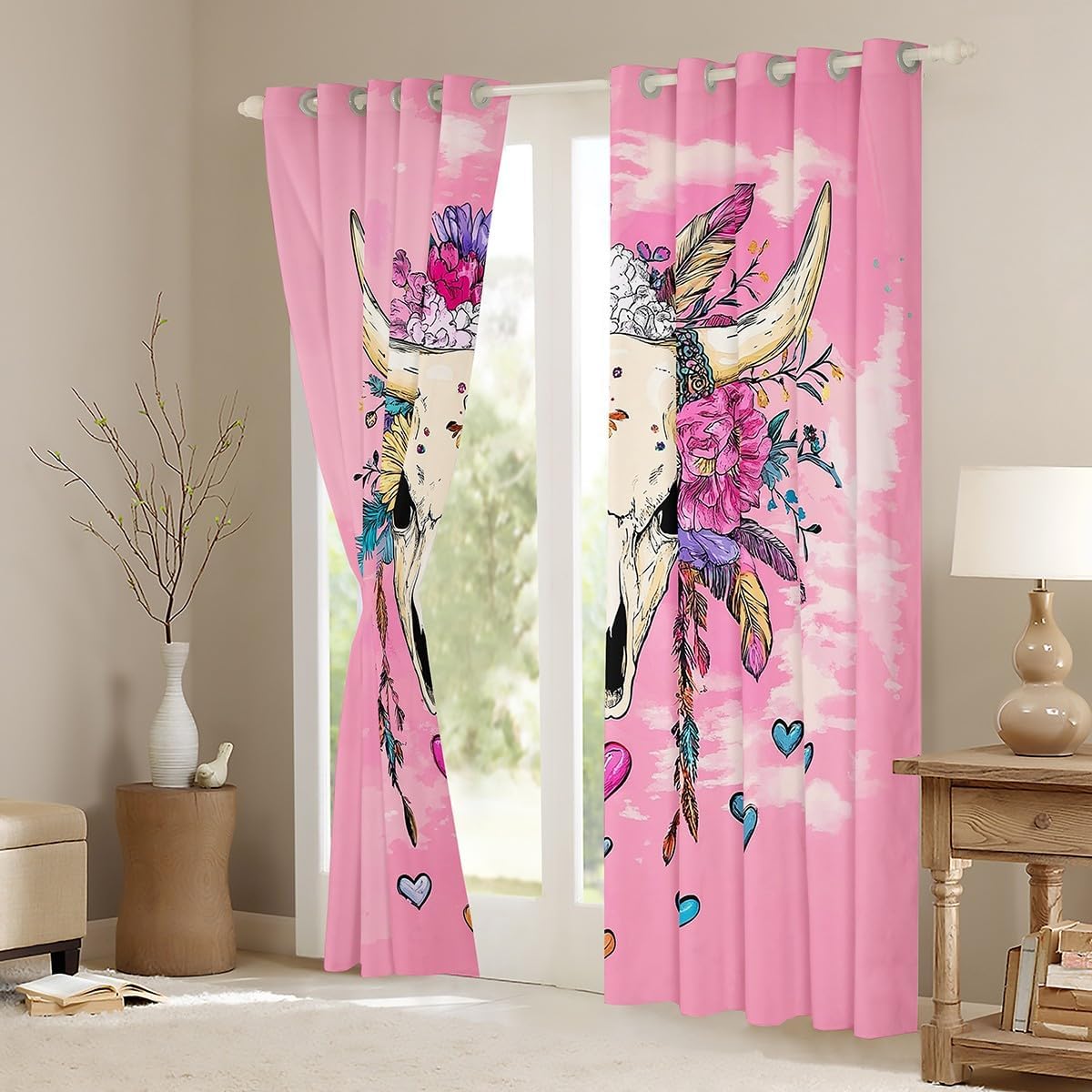 Feelyou Pink Boho Skull Window Curtains for Kids Cow Skull 30%-50% Blackout Curtains Boys Girls Ethnic Tribal Darkening Drapes for Bedroom Western Living Room Window Treatments (2 Panels, 42'' x 90'')