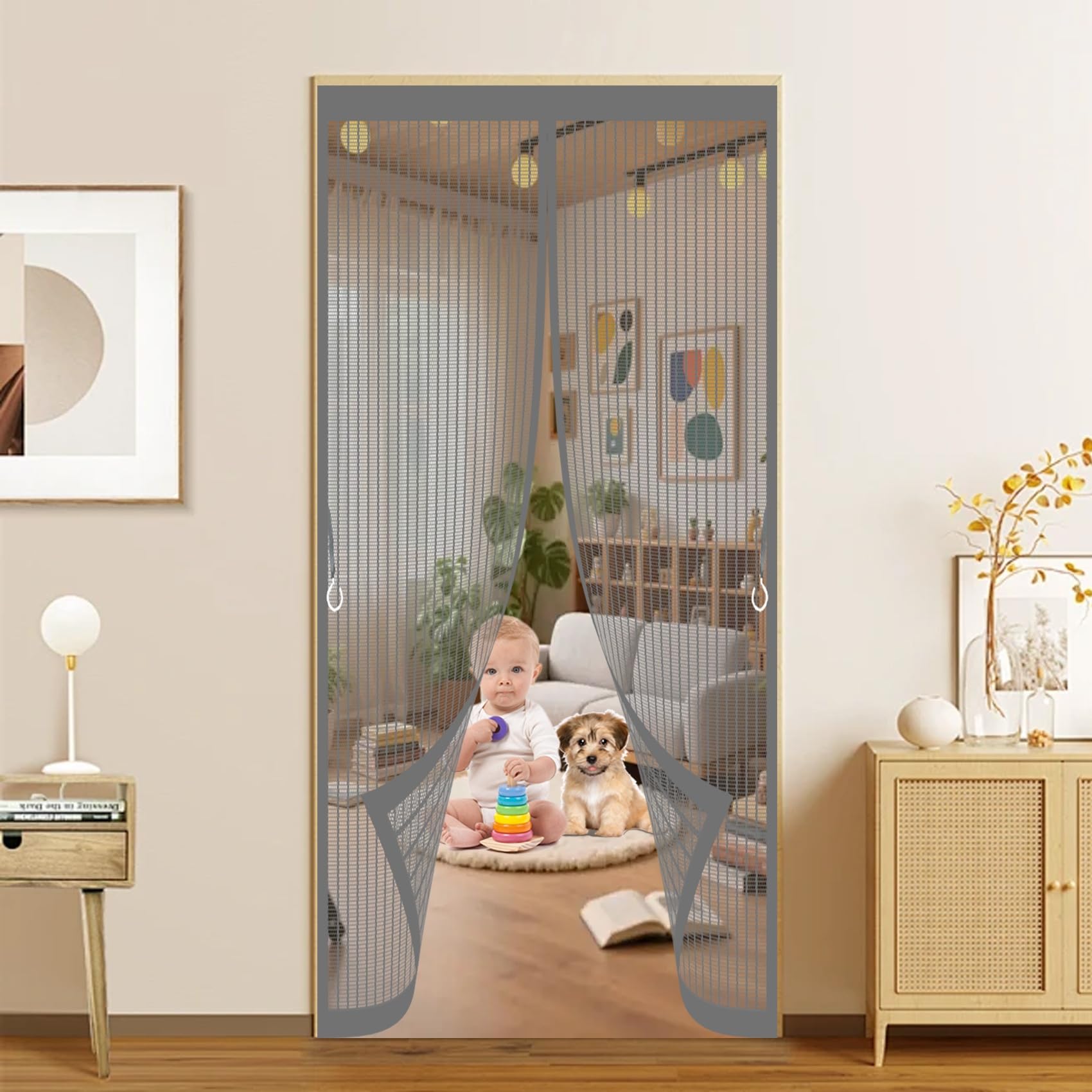Door Fly Screen Curtain 110 x 185 cm Automatically Close, No Gap, Easy to Install Without Drilling, Keep Bugs Out Lets Fresh Air in Flyscreen French Doors for Patio Doors Bedroom, Grey