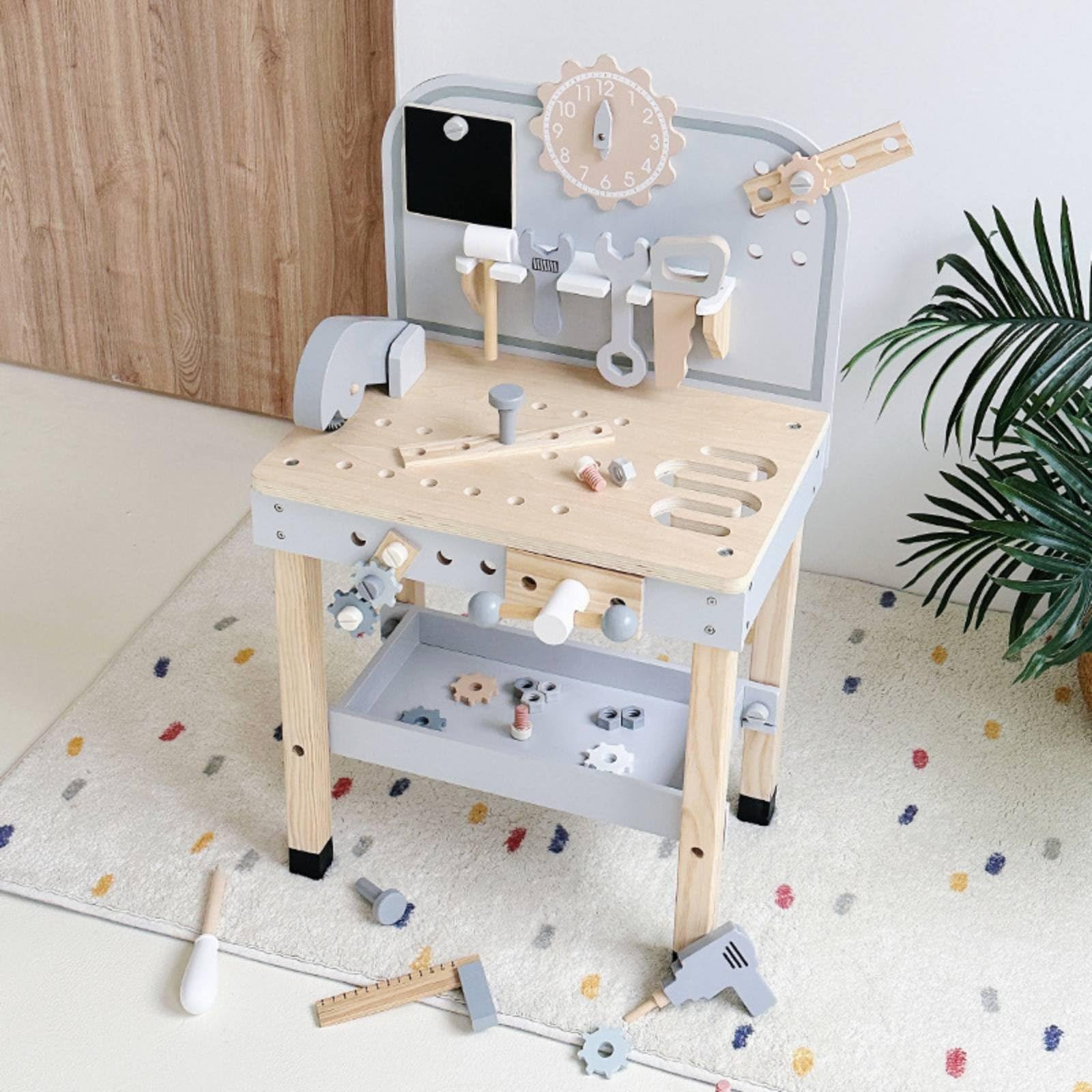 Gralara Kinder-Werkbank Aus Holz Realistisches Spielzeug Kinderwerkbank Lernspielzeug, Kompakte Werkbank In Grau Mit Holzdetails