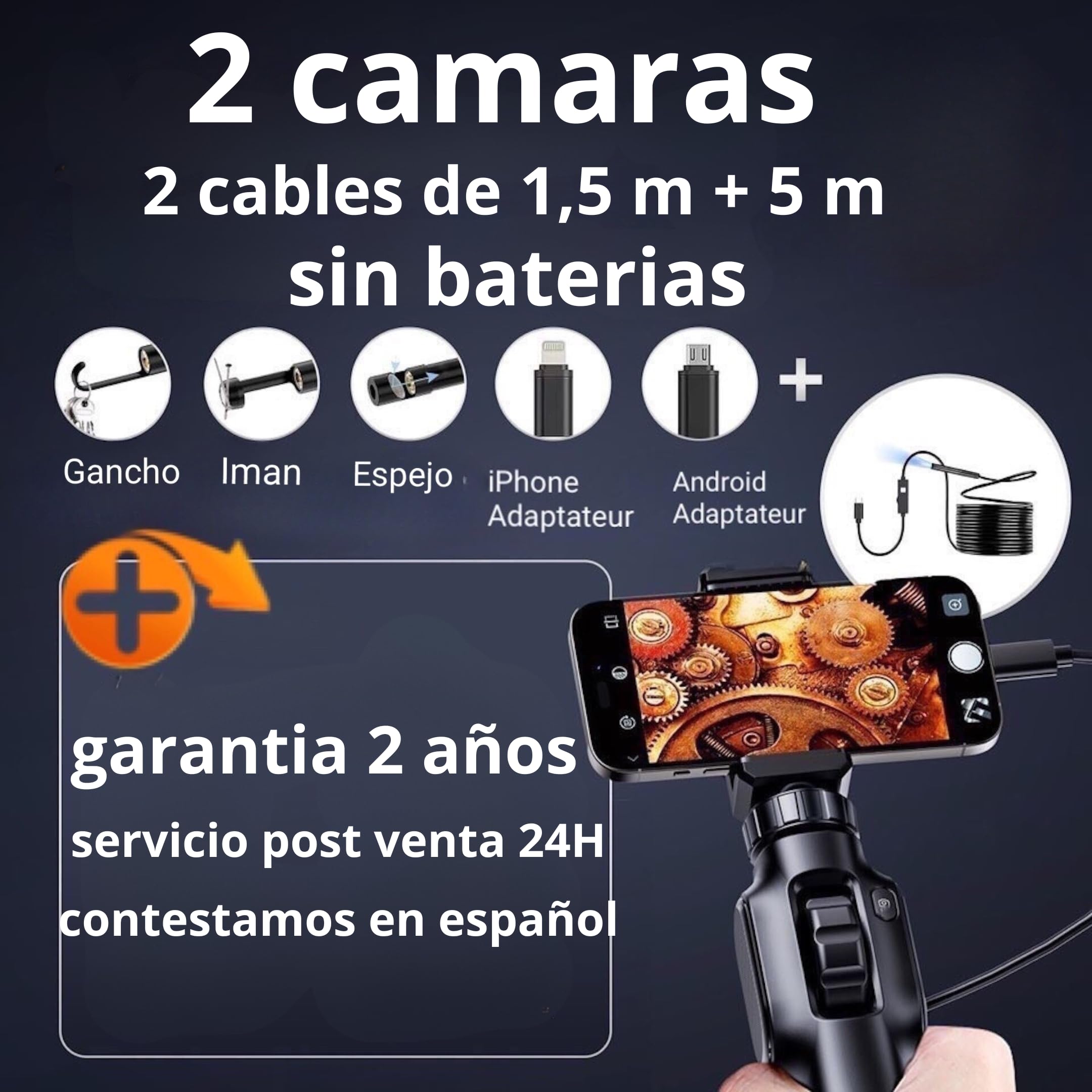 Cámara endoscopica inspección orientable 360º Uso Industrial 1920P Equipado con 8 Leds Cable semirrígido de 1,5 m + endoscopio 5 Metros hurón para canalización mecánica Compatible con Android/iPhone